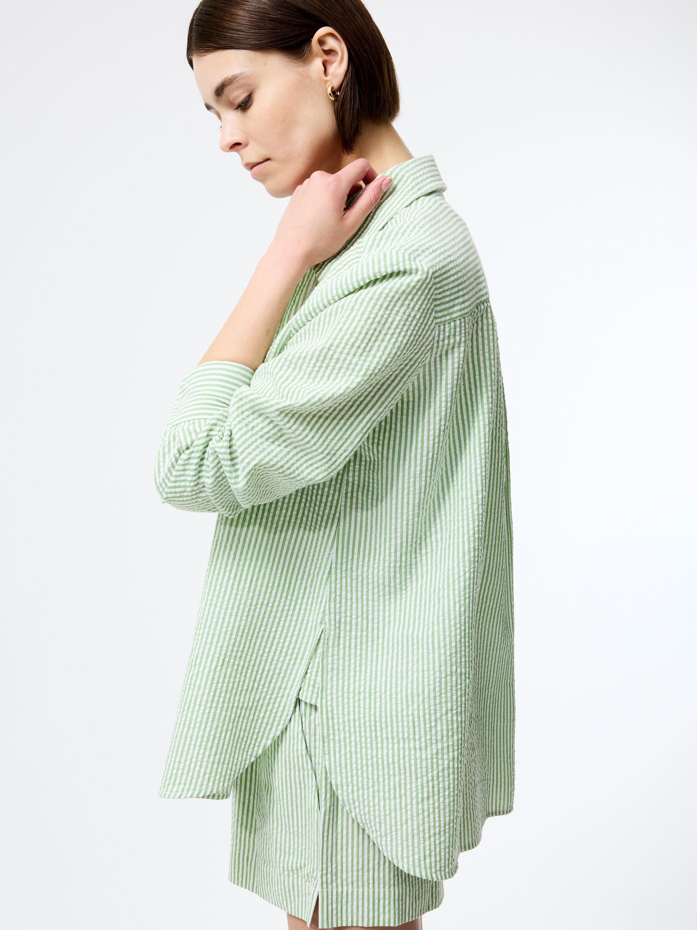 Product image 3 of 5, which shows French Connection Stripe Seersucker Pure Cotton Popover, Green/White, S