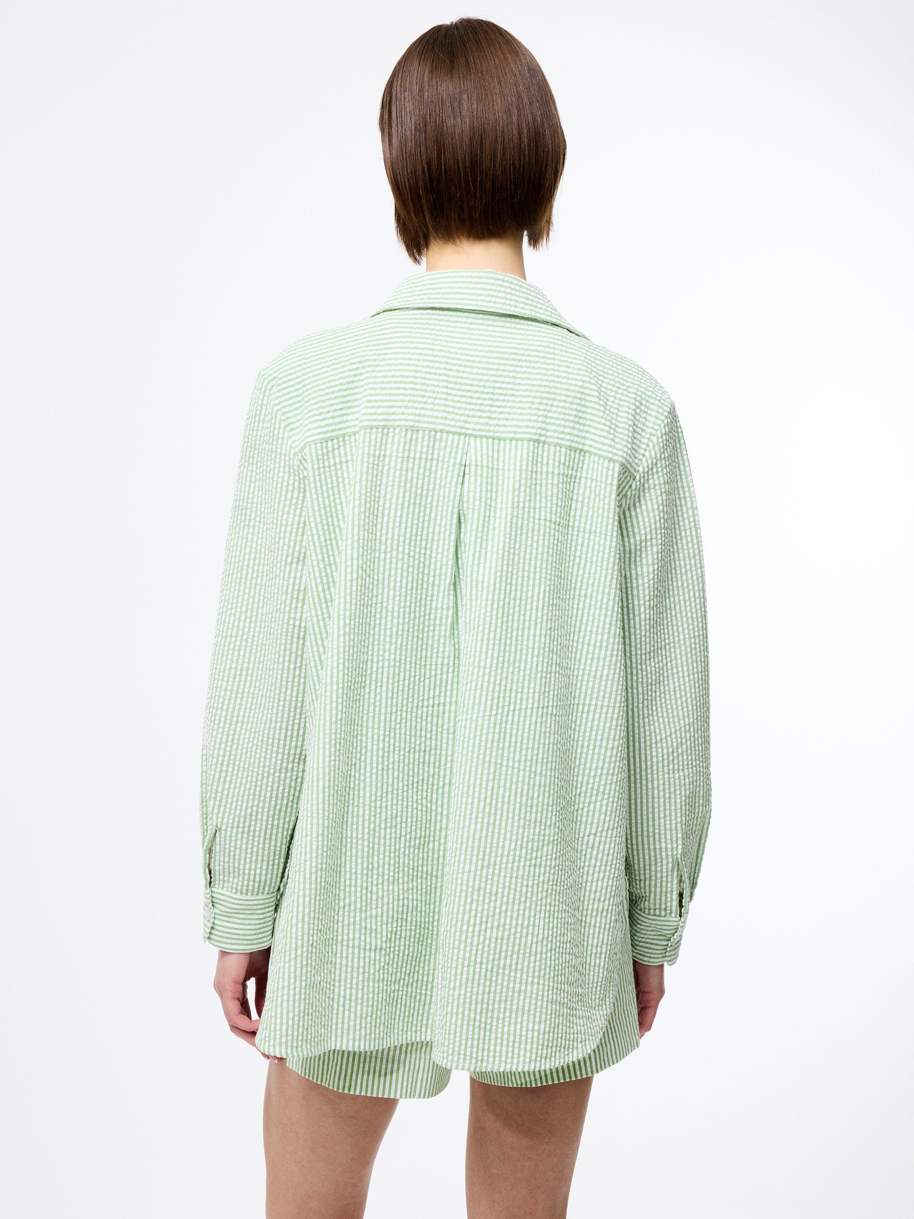 Product image 4 of 5, which shows French Connection Stripe Seersucker Pure Cotton Popover, Green/White, S