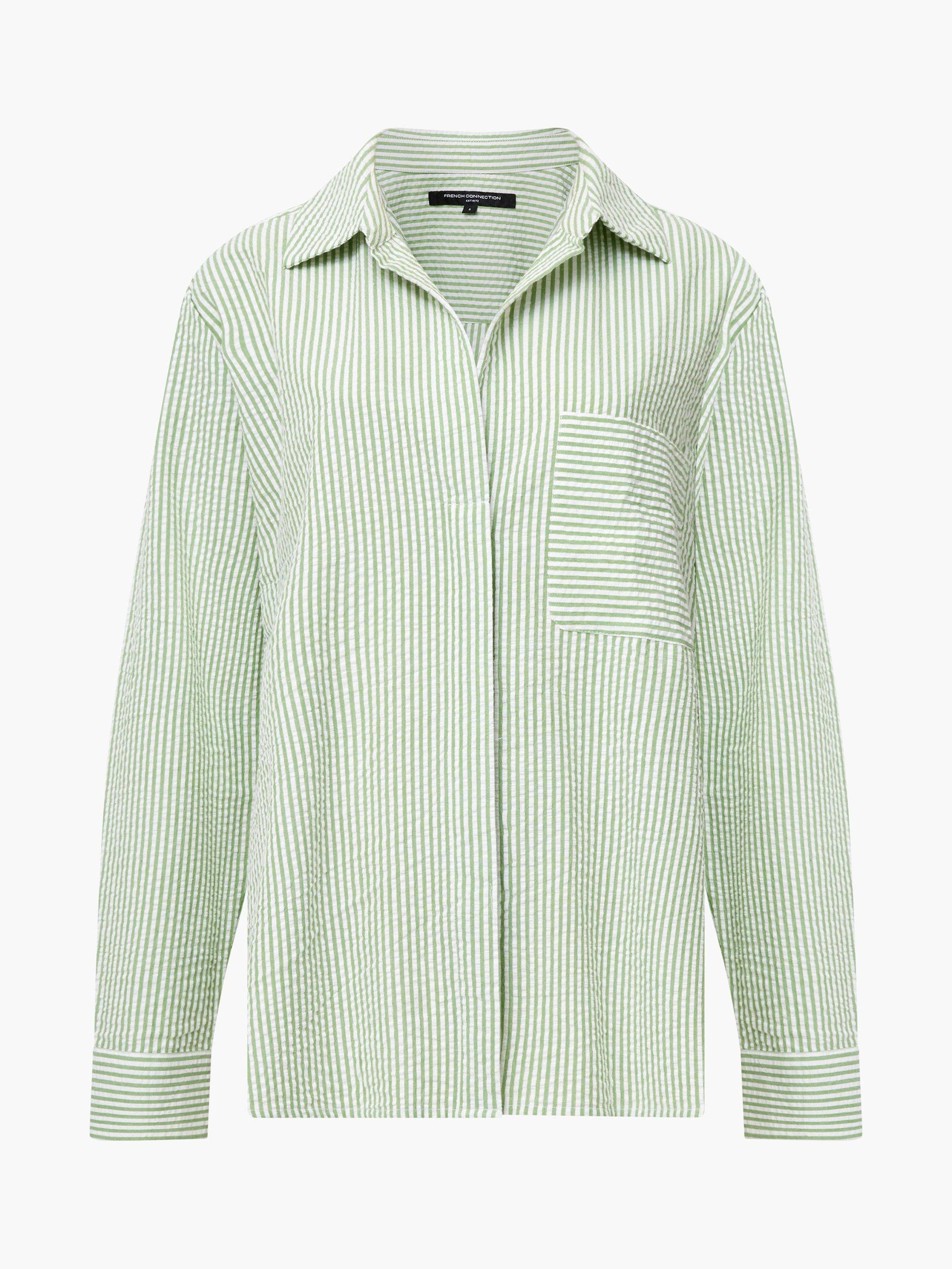 Product image 5 of 5, which shows French Connection Stripe Seersucker Pure Cotton Popover, Green/White, S