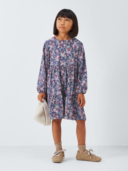 John Lewis Kids' Floral Long Sleeve Smock Dress, Navy/Purple - view 2, Navy, Purple