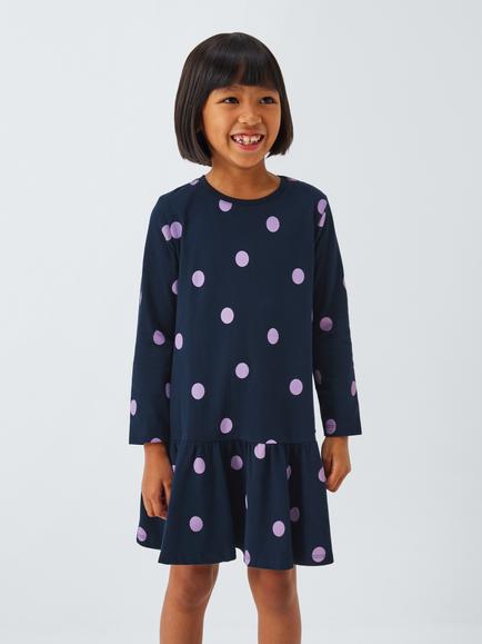John Lewis Kids' Polka Dot Jersey Dress, Navy, Purple, Navy, Purple