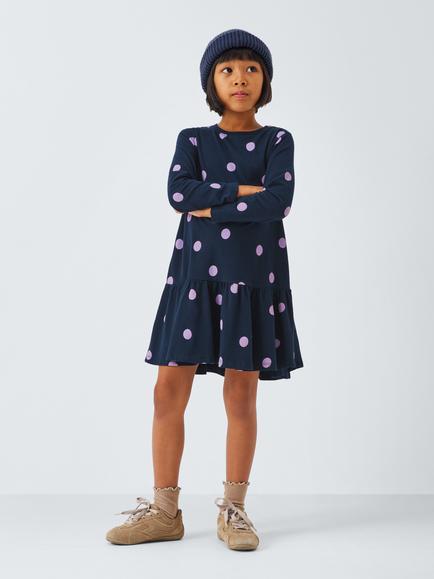 John Lewis Kids' Polka Dot Jersey Dress, Navy, Purple - view 2, Navy, Purple