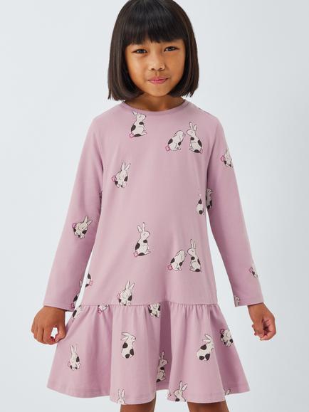 John Lewis Kids' Rabbit Print Long Sleeve Dress, Pink/Multi, Multi