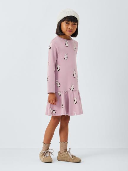 John Lewis Kids' Rabbit Print Long Sleeve Dress, Pink/Multi - view 2, Multi