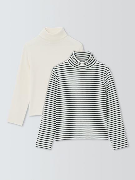 John Lewis Kids' Rib Knit Plain/Stripe Roll Neck Tops, Pack of 2, Multi, Multi