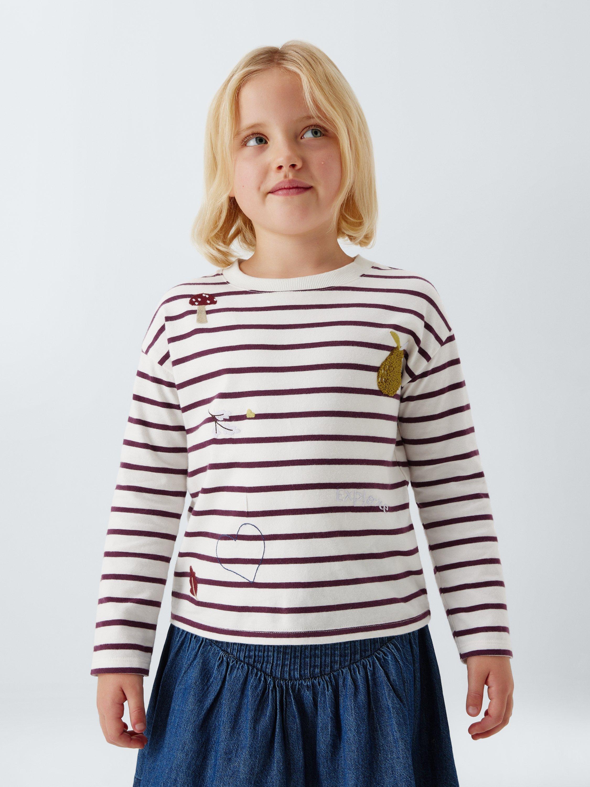 Product image 1 of 7, which shows John Lewis Kids' Embroidered Stripe Jersey Top, Multi, 3 years