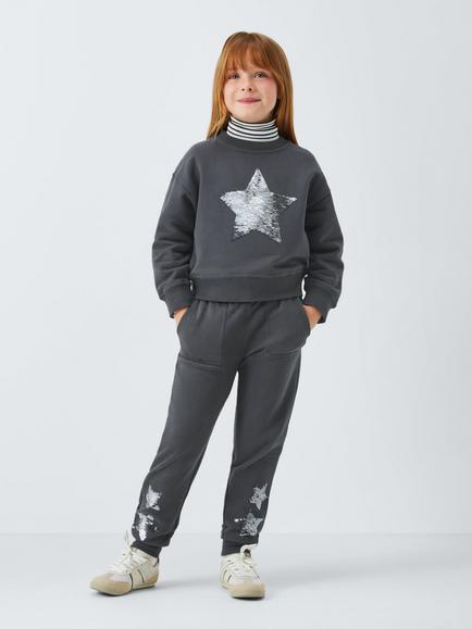 John Lewis Kids' Sequin Star Joggers, Black - view 2, Black