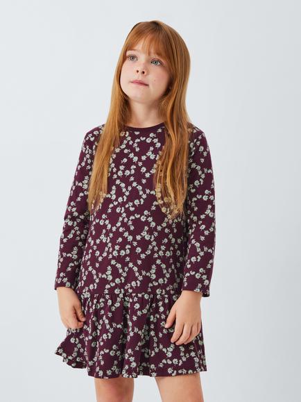 John Lewis Kids' Floral Jersey Smock Dress, Berry, Blue, Berry, Blue