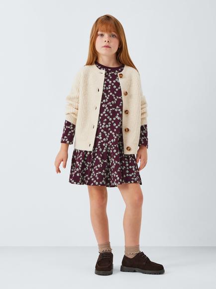 John Lewis Kids' Floral Jersey Smock Dress, Berry, Blue - view 2, Berry, Blue