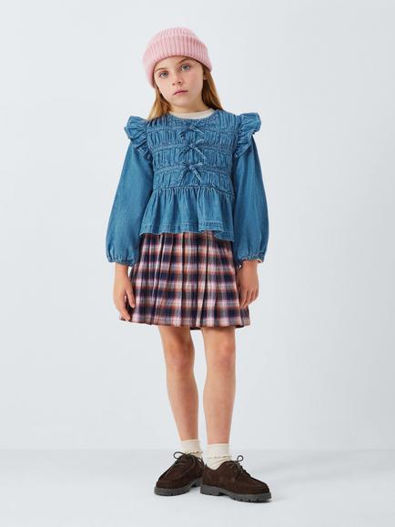 John Lewis Kids' Bow Detail Denim Top, Blue, White - view 2, Blue, White