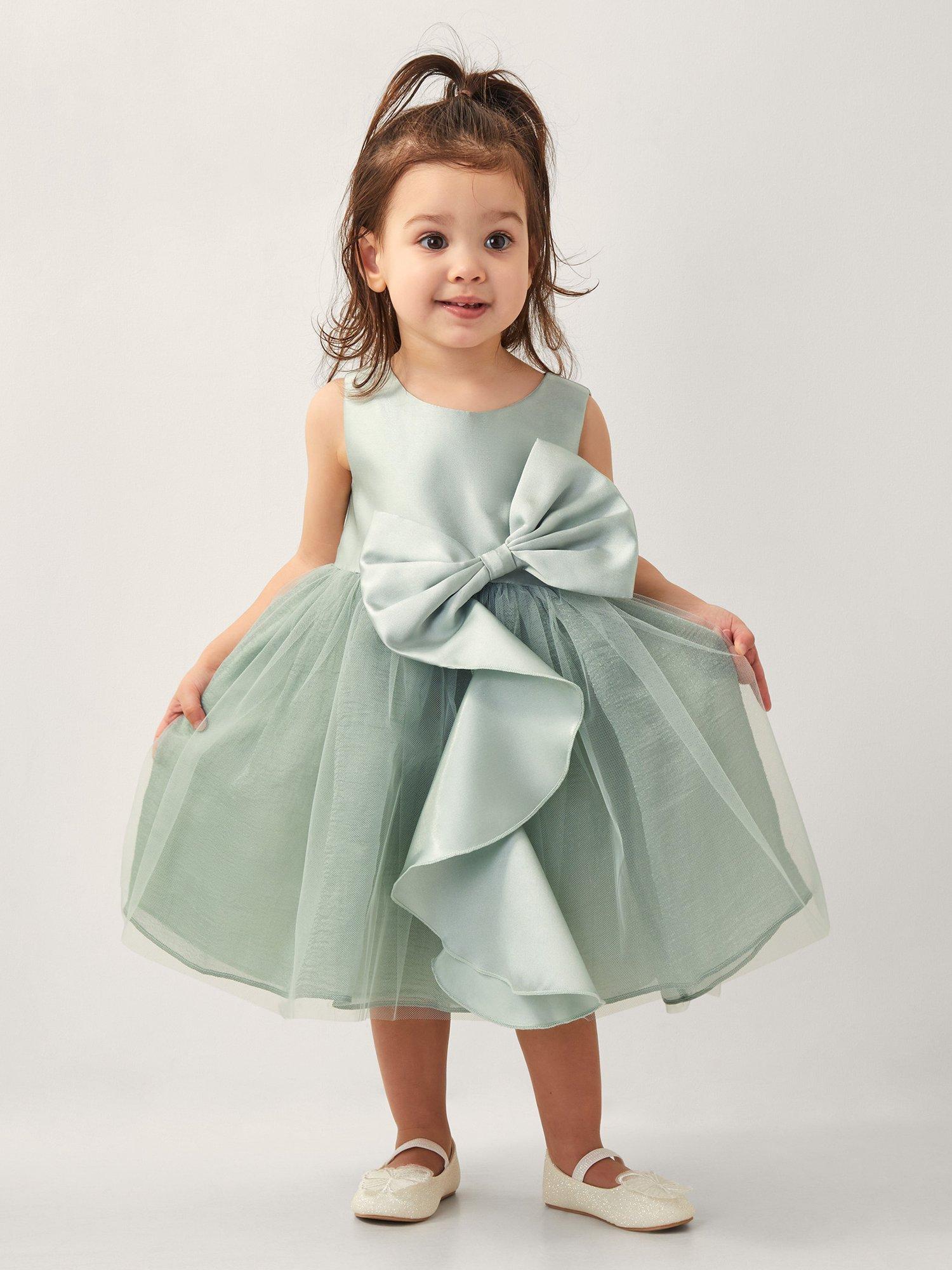Product image 1 of 4, which shows Monsoon Baby Sleeveless Bow Tulle Dress, Sage, 0-3 mths