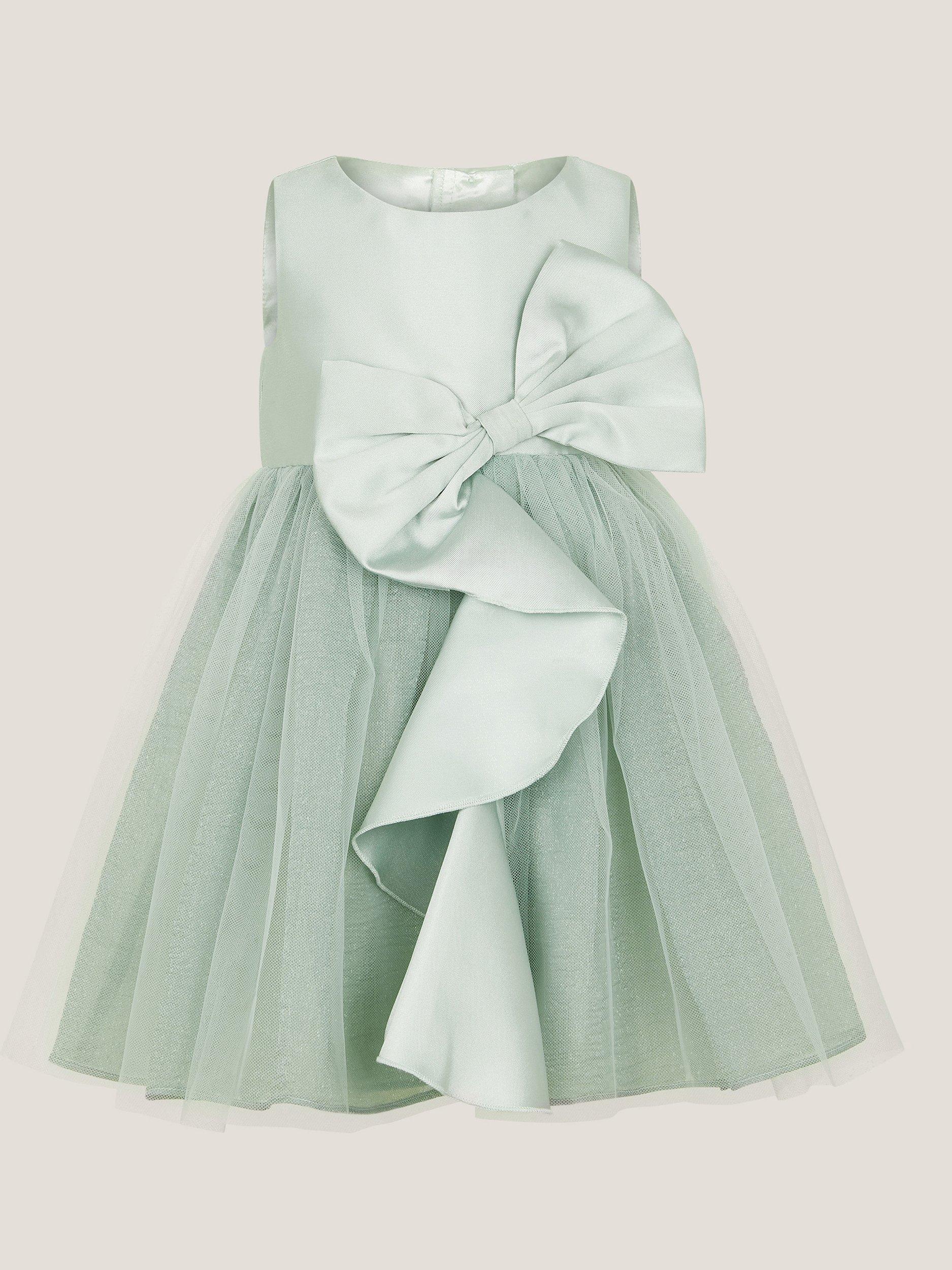 Product image 2 of 4, which shows Monsoon Baby Sleeveless Bow Tulle Dress, Sage, 0-3 mths