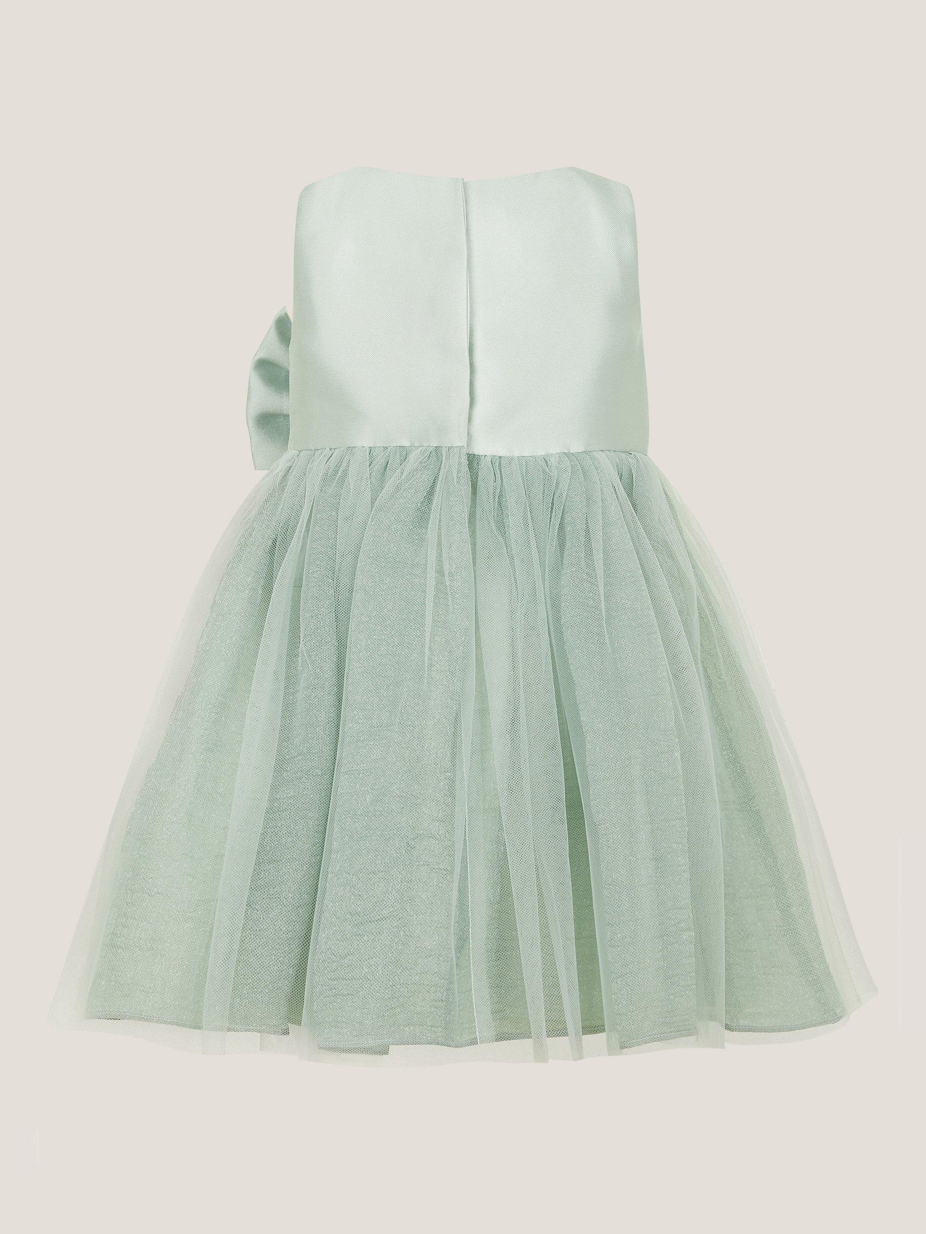Product image 3 of 4, which shows Monsoon Baby Sleeveless Bow Tulle Dress, Sage, 0-3 mths