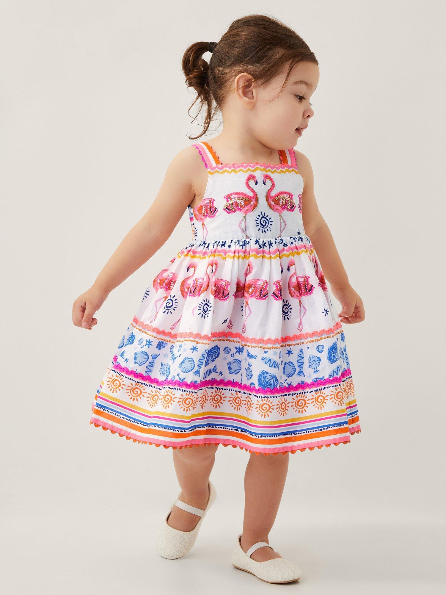 Product image 1 of 4, which shows Monsoon Baby Flamingo Embellished Sequin Dress, Ivory, 0-3 months