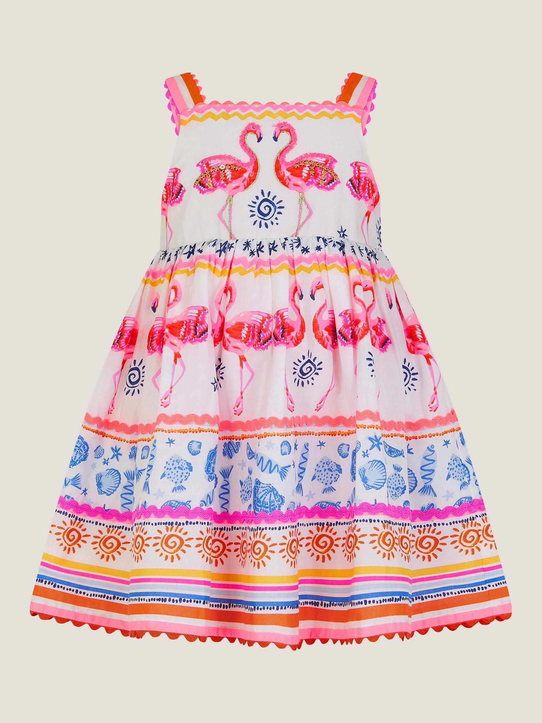 Product image 2 of 4, which shows Monsoon Baby Flamingo Embellished Sequin Dress, Ivory, 0-3 months