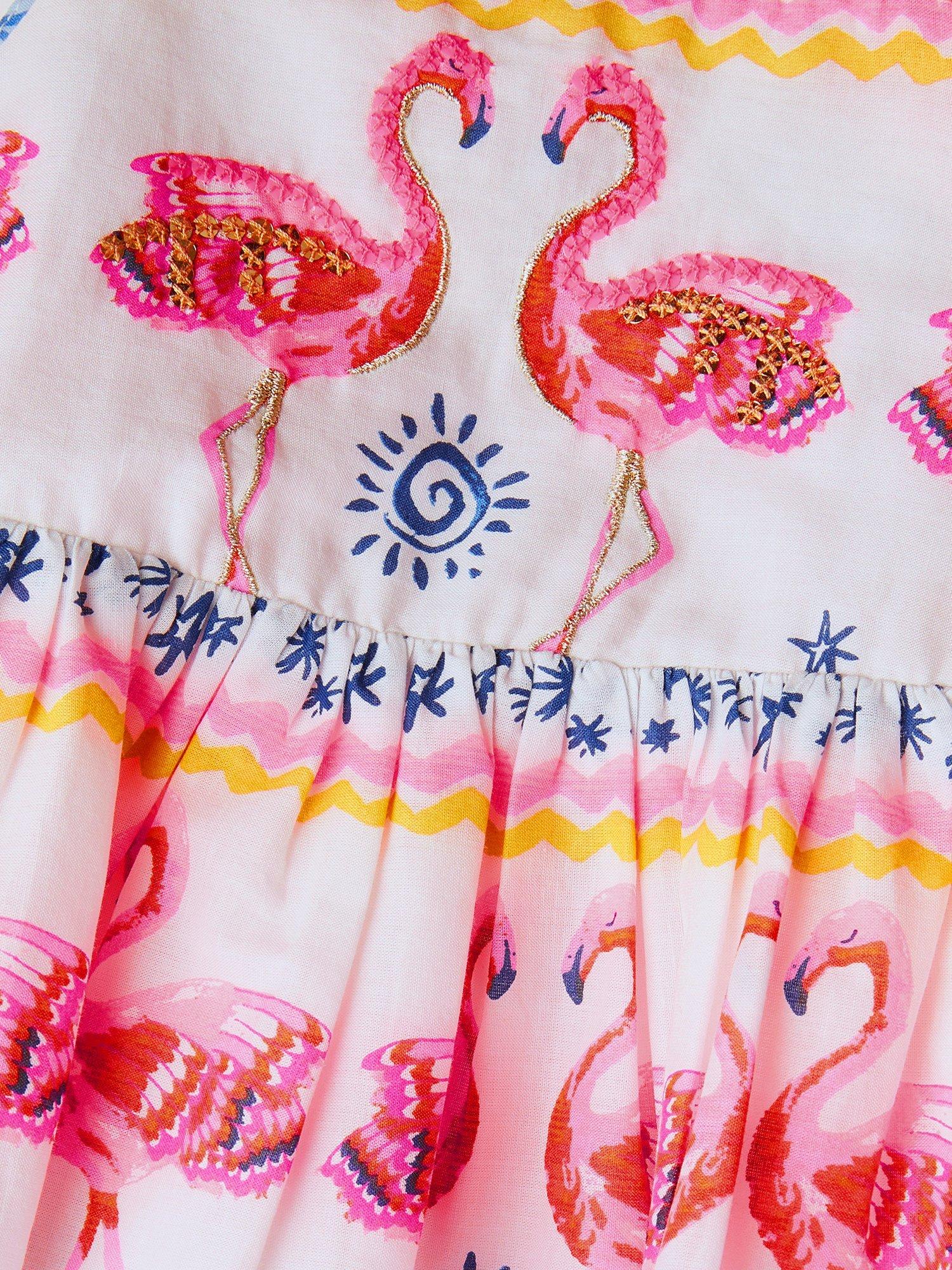 Product image 4 of 4, which shows Monsoon Baby Flamingo Embellished Sequin Dress, Ivory, 0-3 months