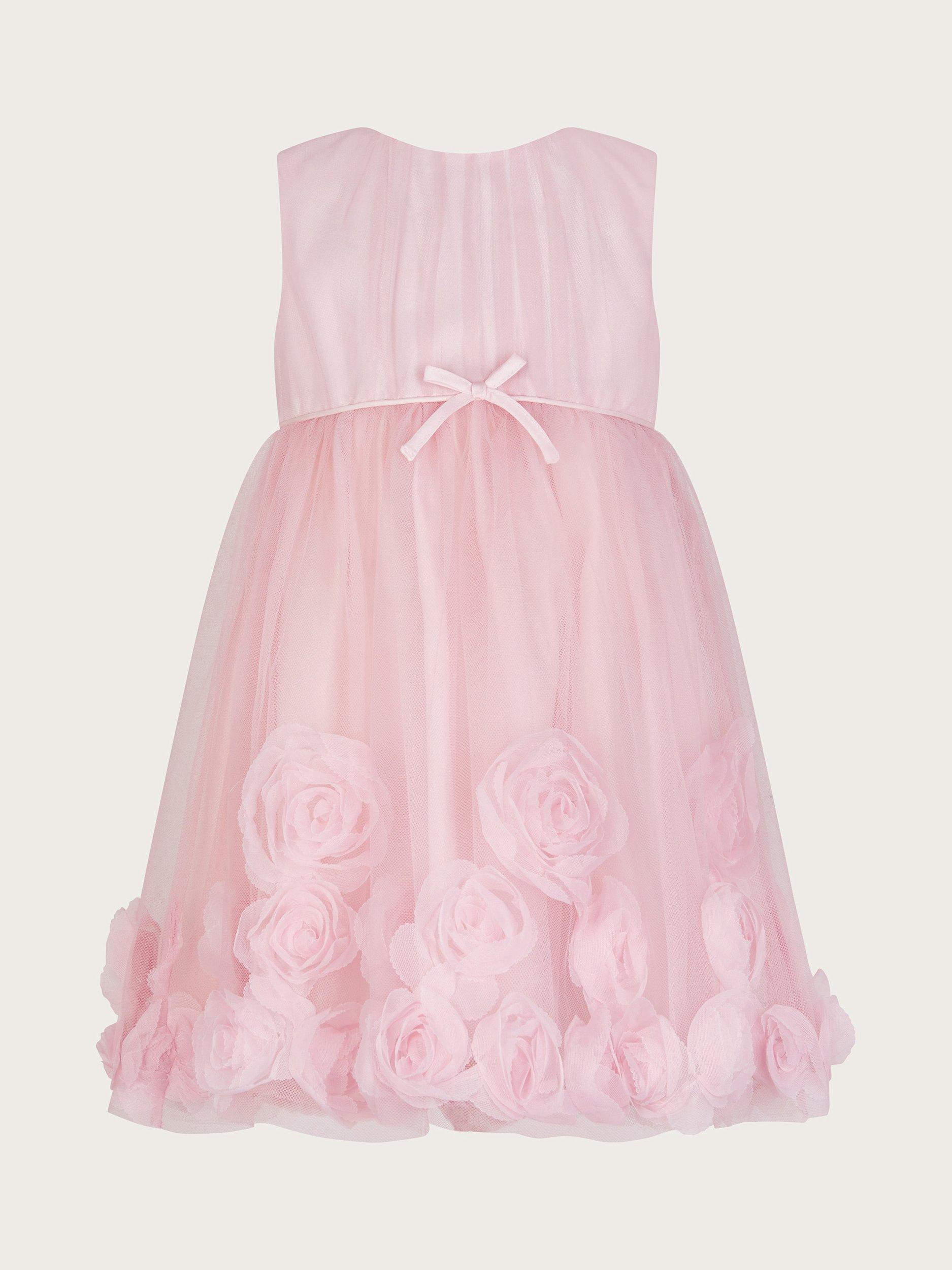Product image 1 of 3, which shows Monsoon Baby Josie 3D Rosette Dress, Pink, 0-3 months
