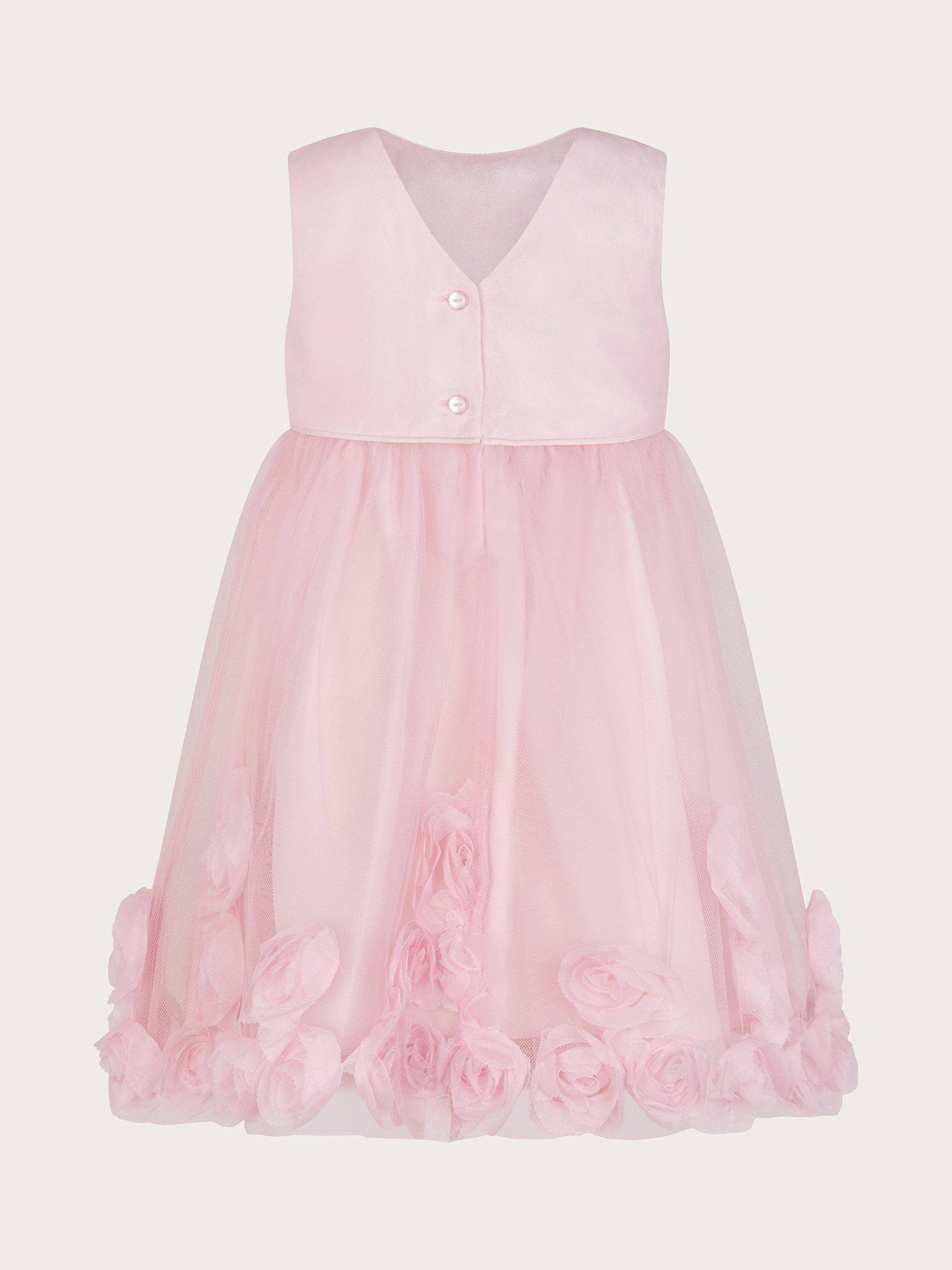 Product image 2 of 3, which shows Monsoon Baby Josie 3D Rosette Dress, Pink, 0-3 months