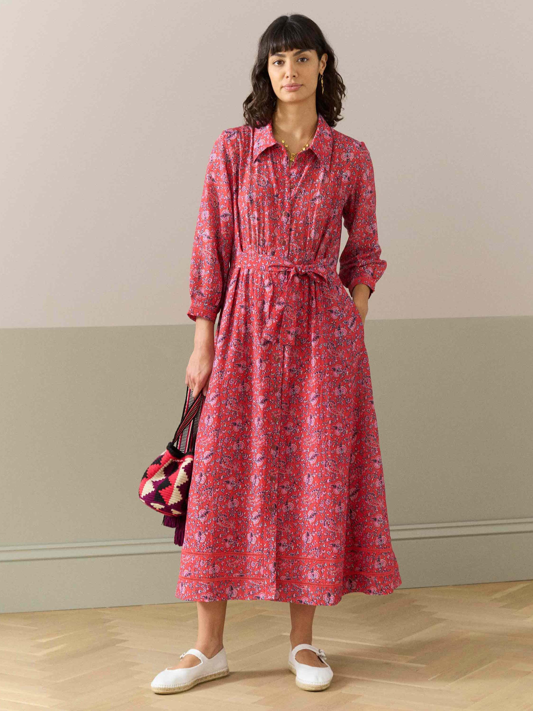 Brora Silk Cotton Tie Waist Shirt Dress, Multi
