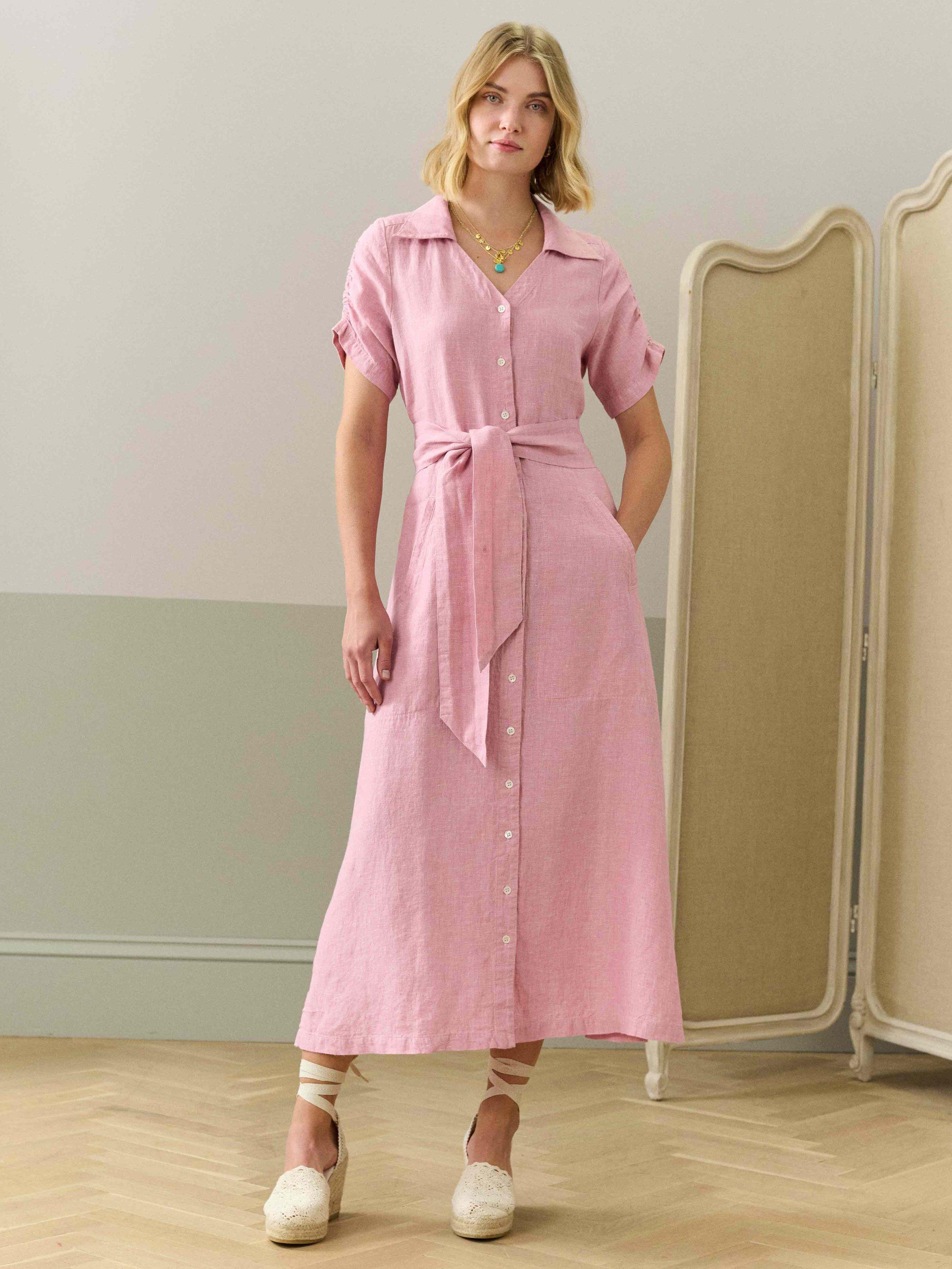Brora Linen Cross-Dyed V-Neck Shirt Dress, Pink/Multi