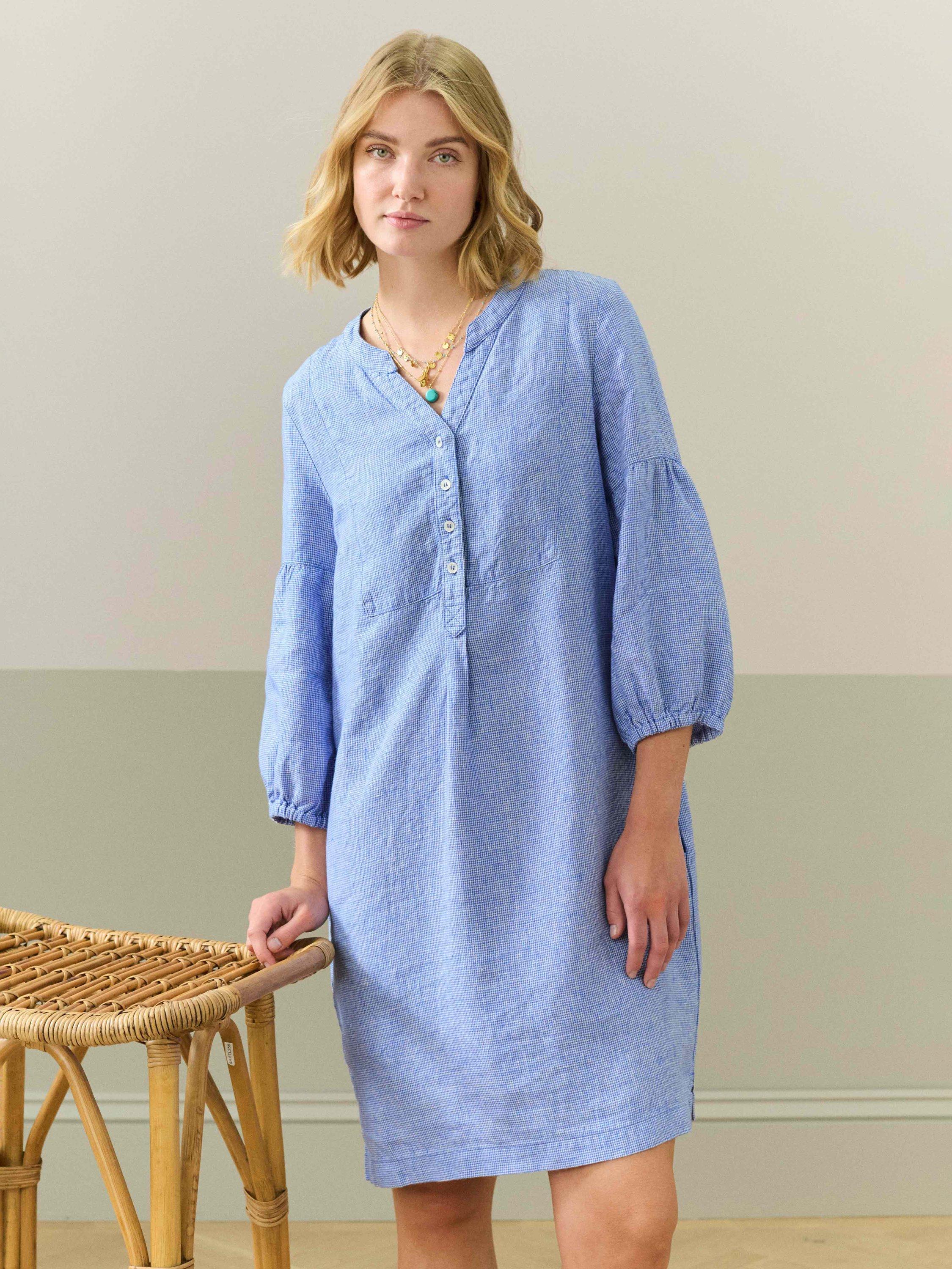 Product image 1 of 5, which shows Brora Linen Houndstooth Linen Tunic, Cobalt, 12