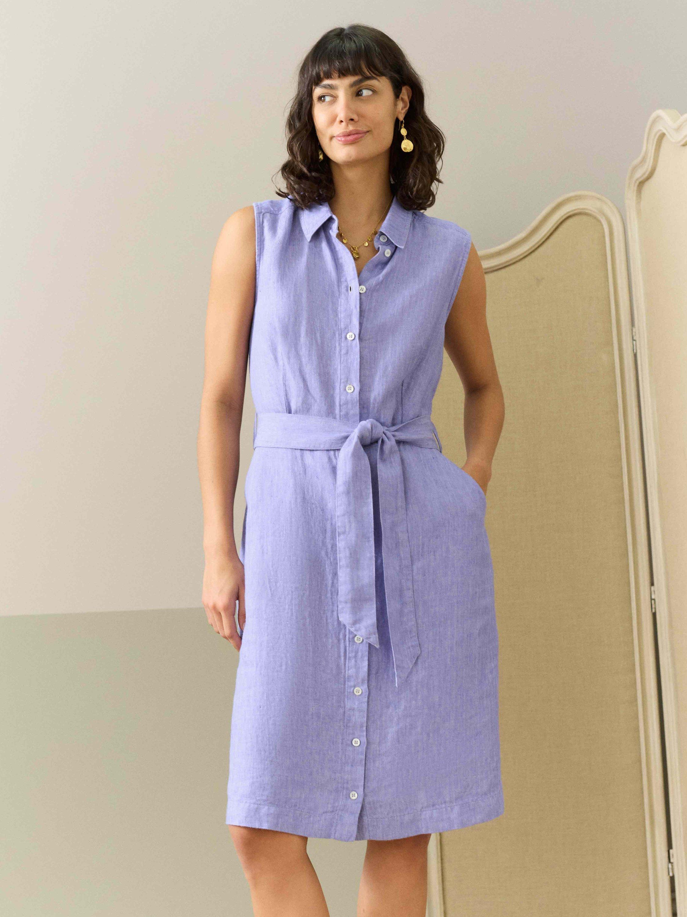 Product image 1 of 5, which shows Brora Linen Herringbone Shirt Dress, Lavender, 18