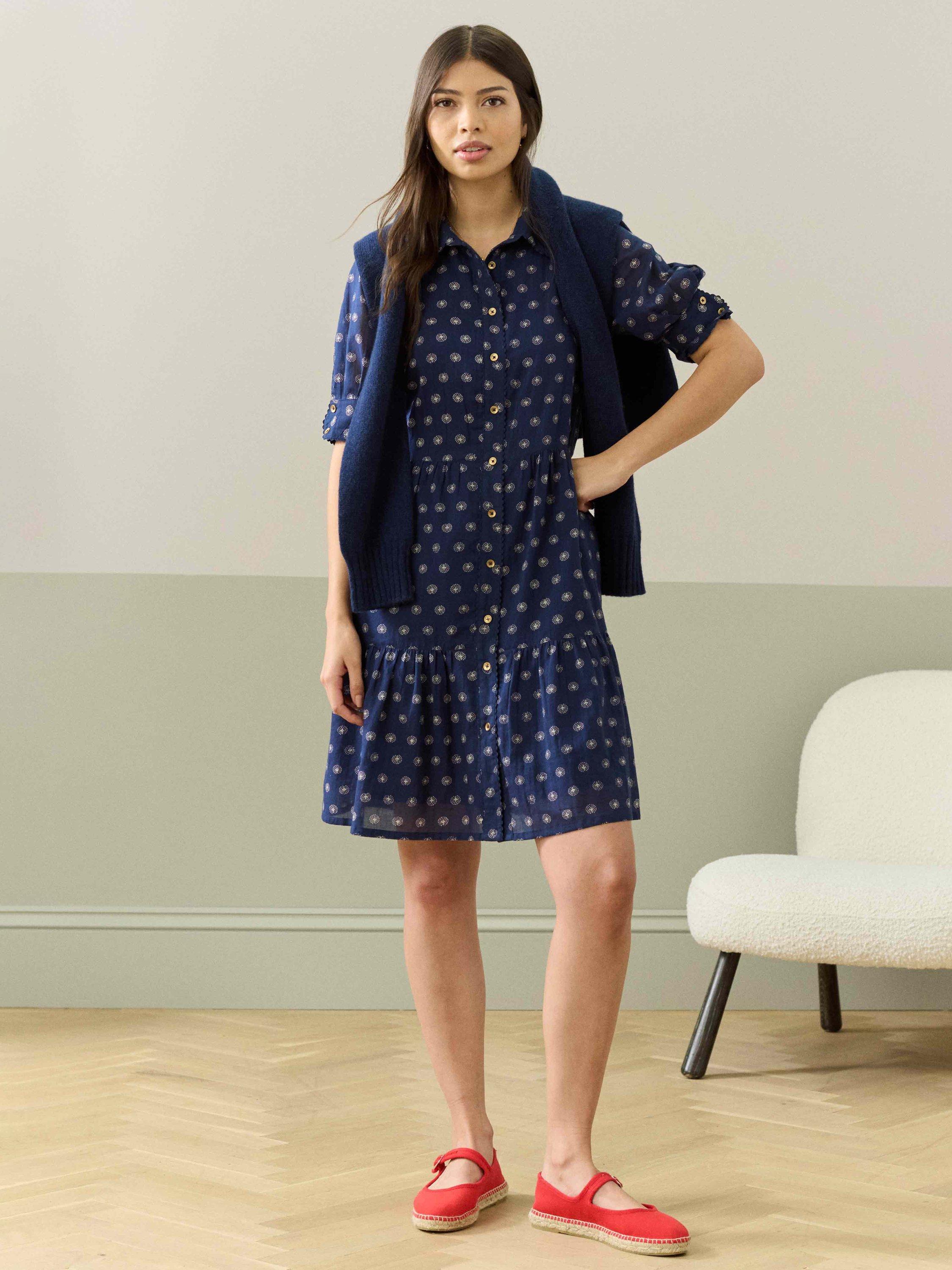Brora Organic Cotton Tiered Shirt Dress, Navy/Ecru