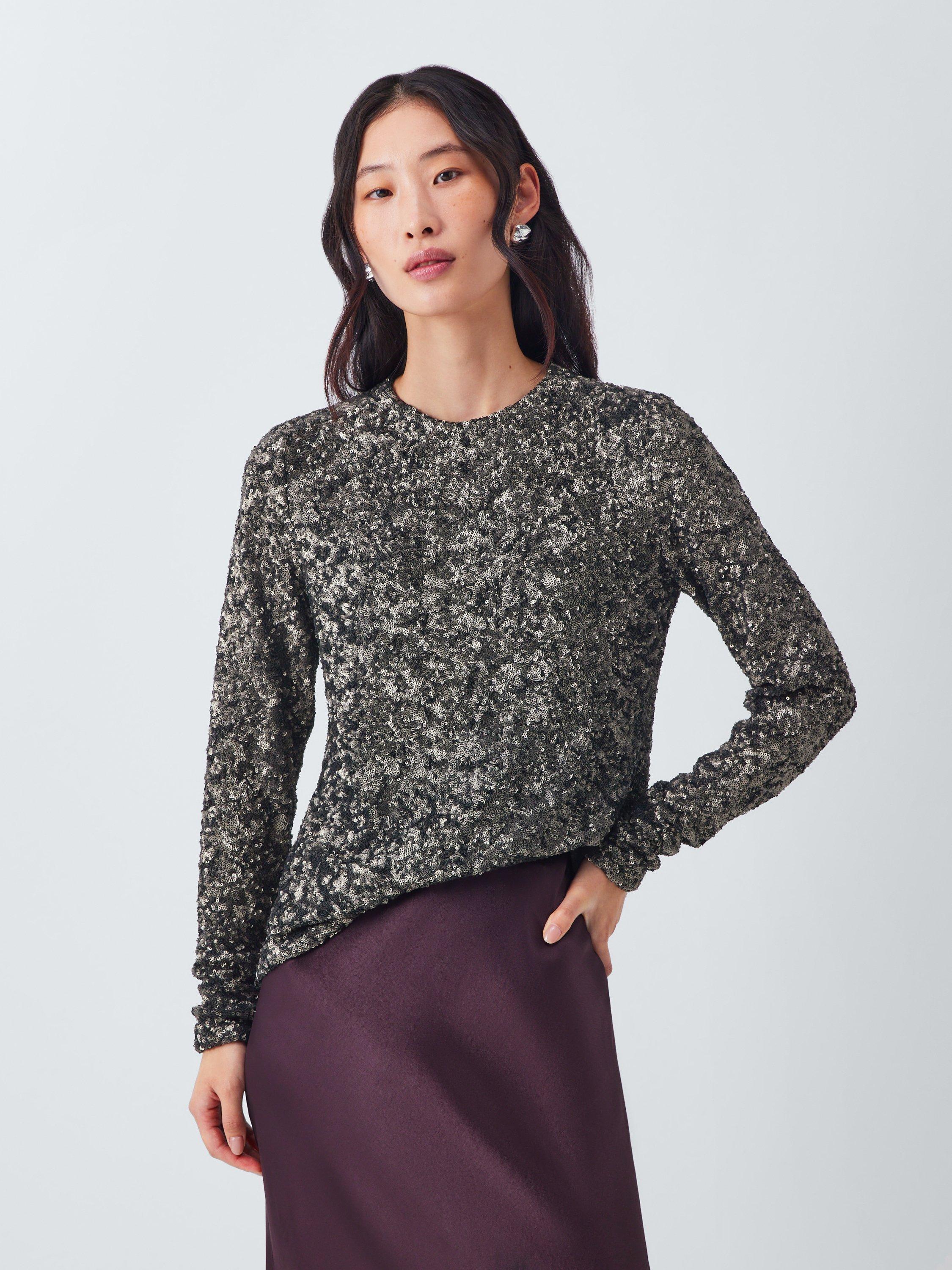 Product image 1 of 6, which shows AND/OR Matilda Sequin Top, Charcoal, 6