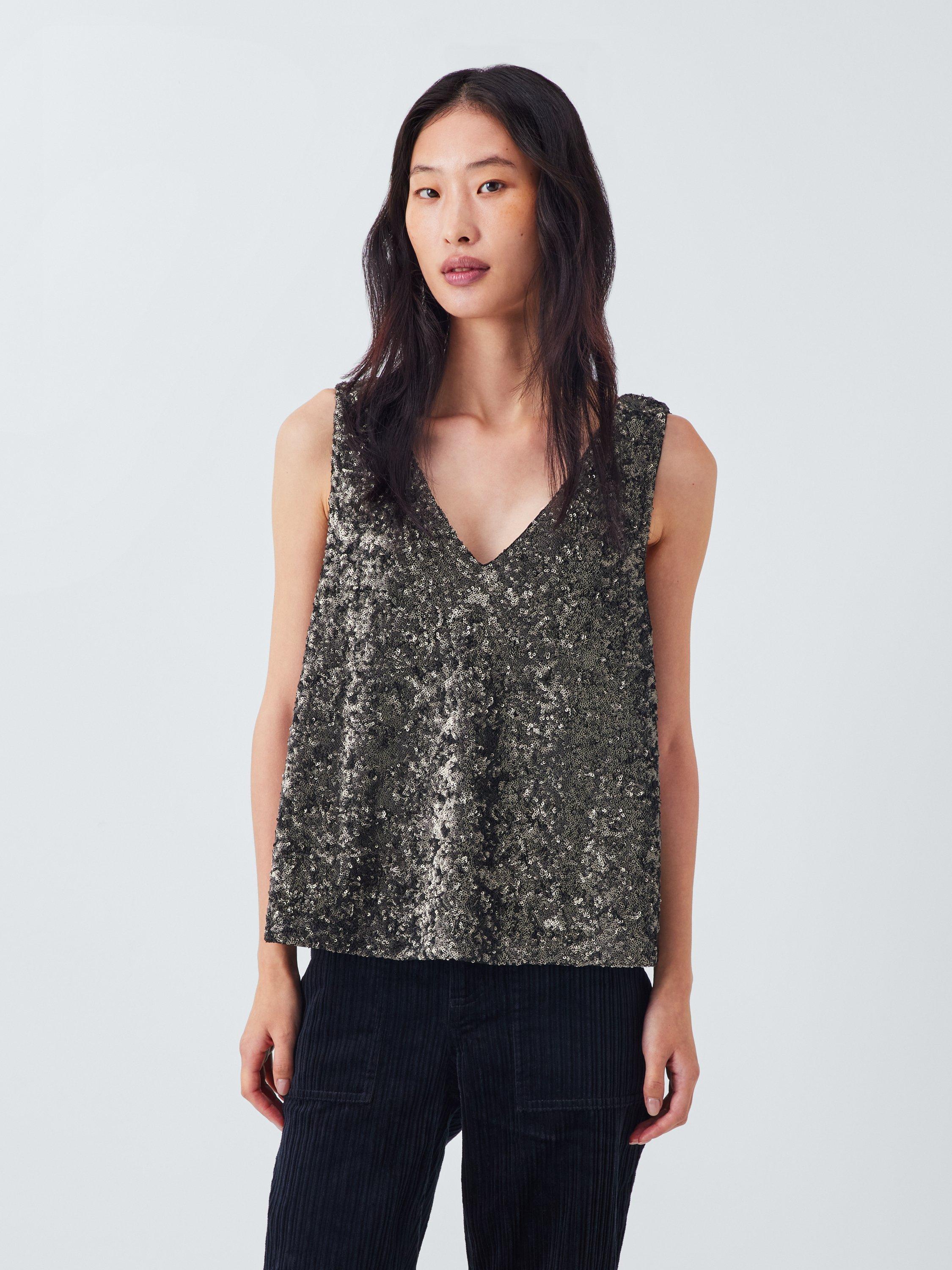 Product image 1 of 6, which shows AND/OR Sheridan V-Neck Sequin Vest Top, Charcoal, 8