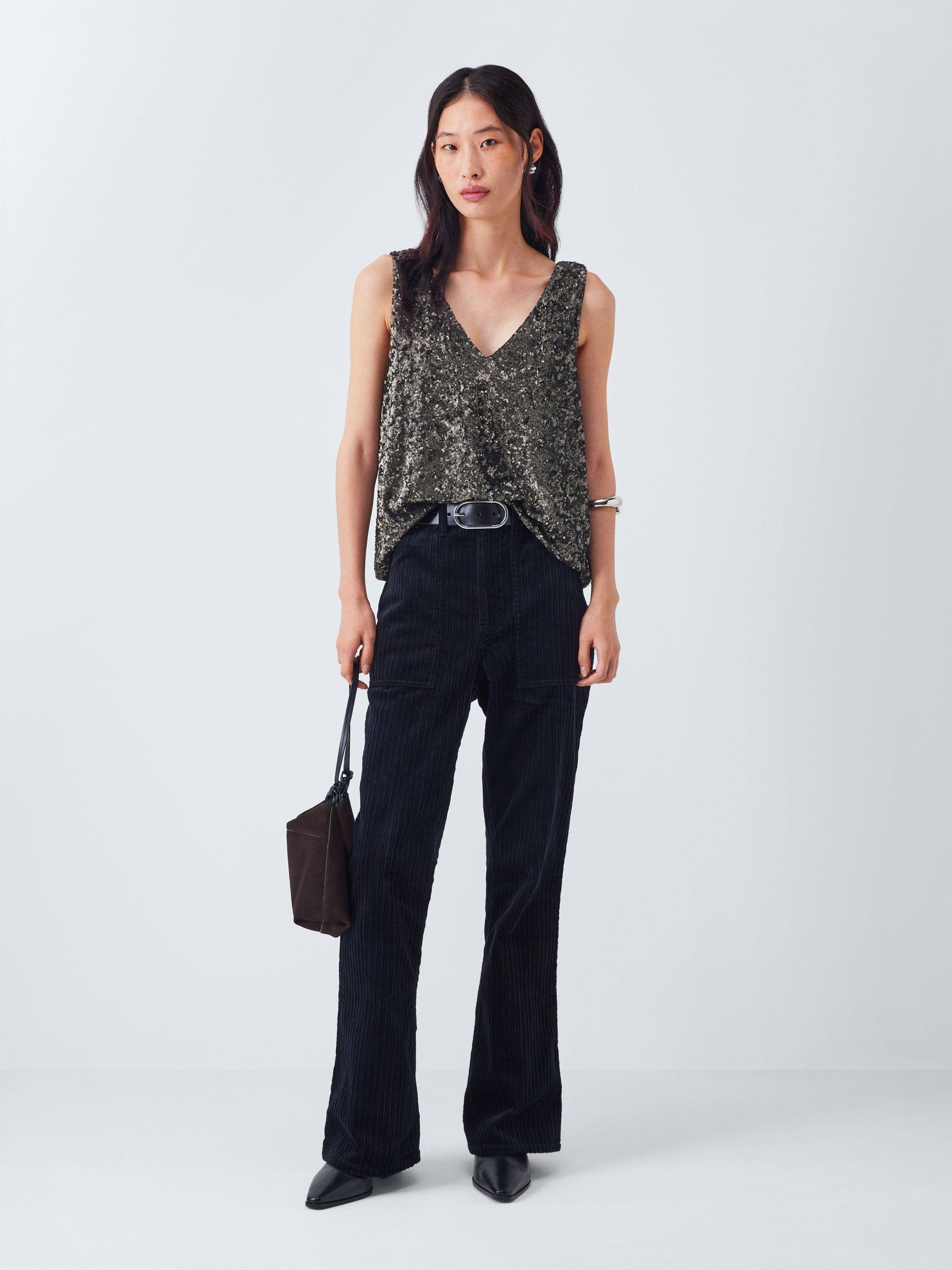 Product image 3 of 6, which shows AND/OR Sheridan V-Neck Sequin Vest Top, Charcoal, 8