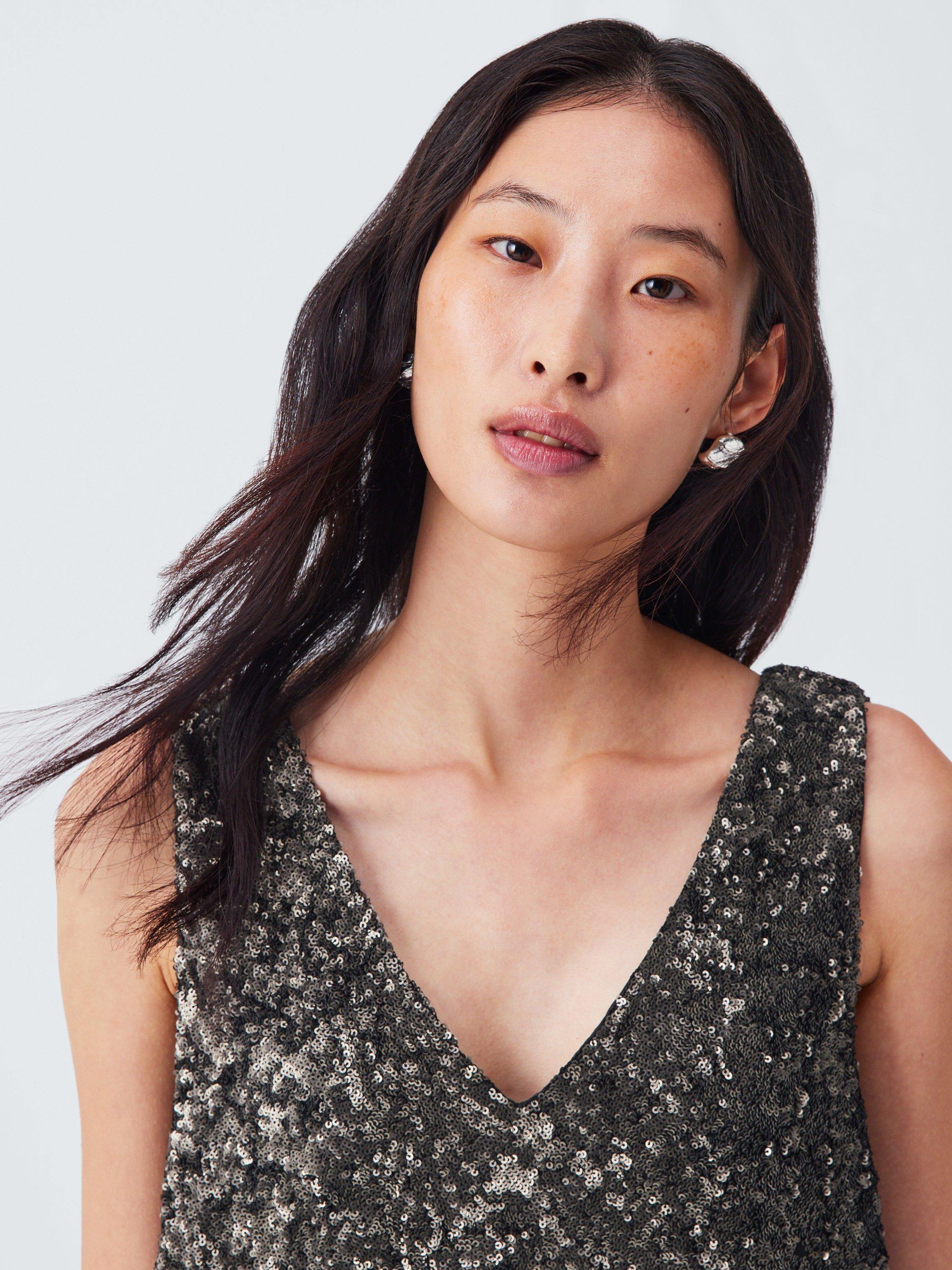 Product image 5 of 6, which shows AND/OR Sheridan V-Neck Sequin Vest Top, Charcoal, 8