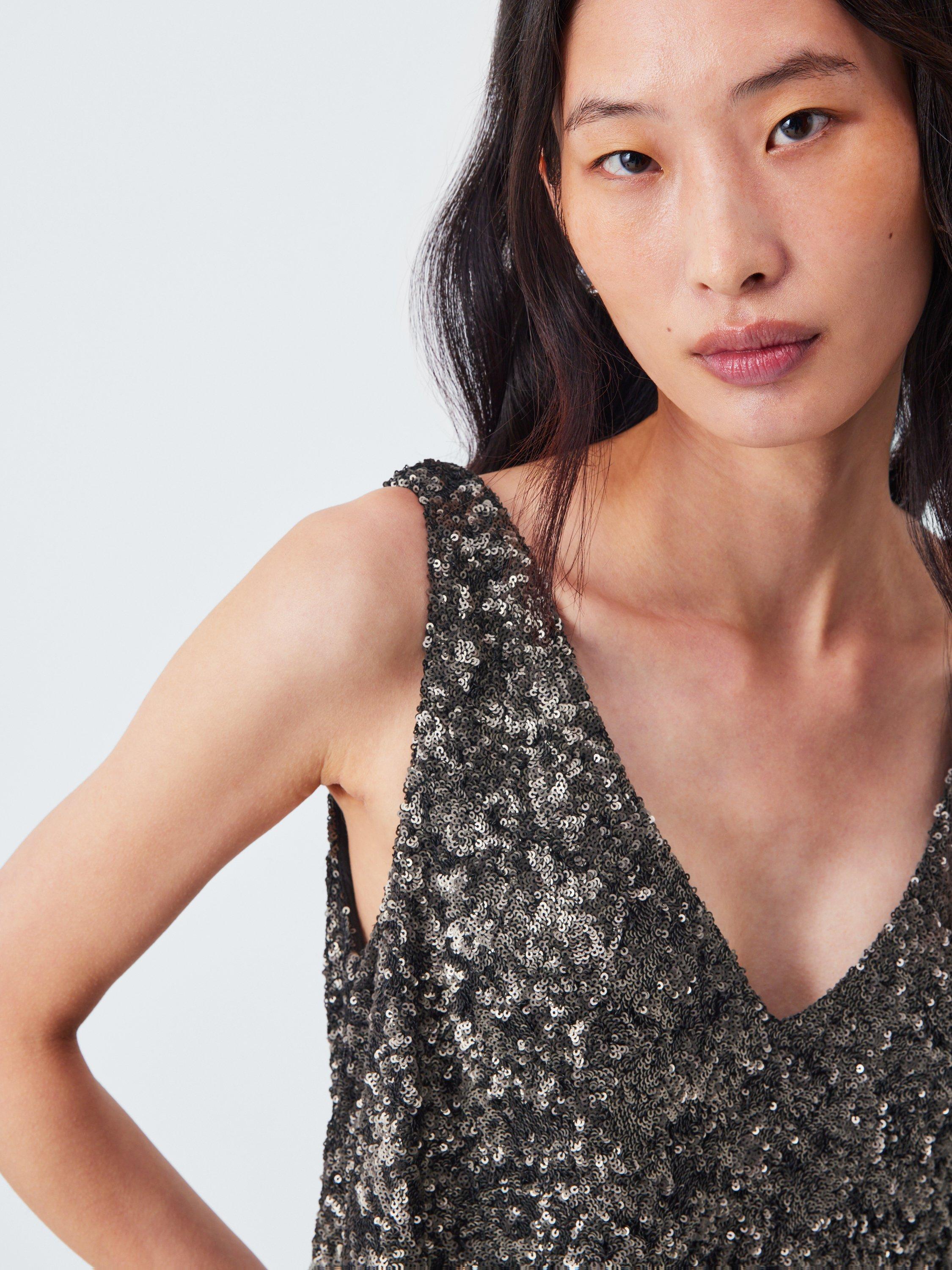 Product image 5 of 6, which shows AND/OR V-Neck Sequin Mini Dress, Charcoal, 6