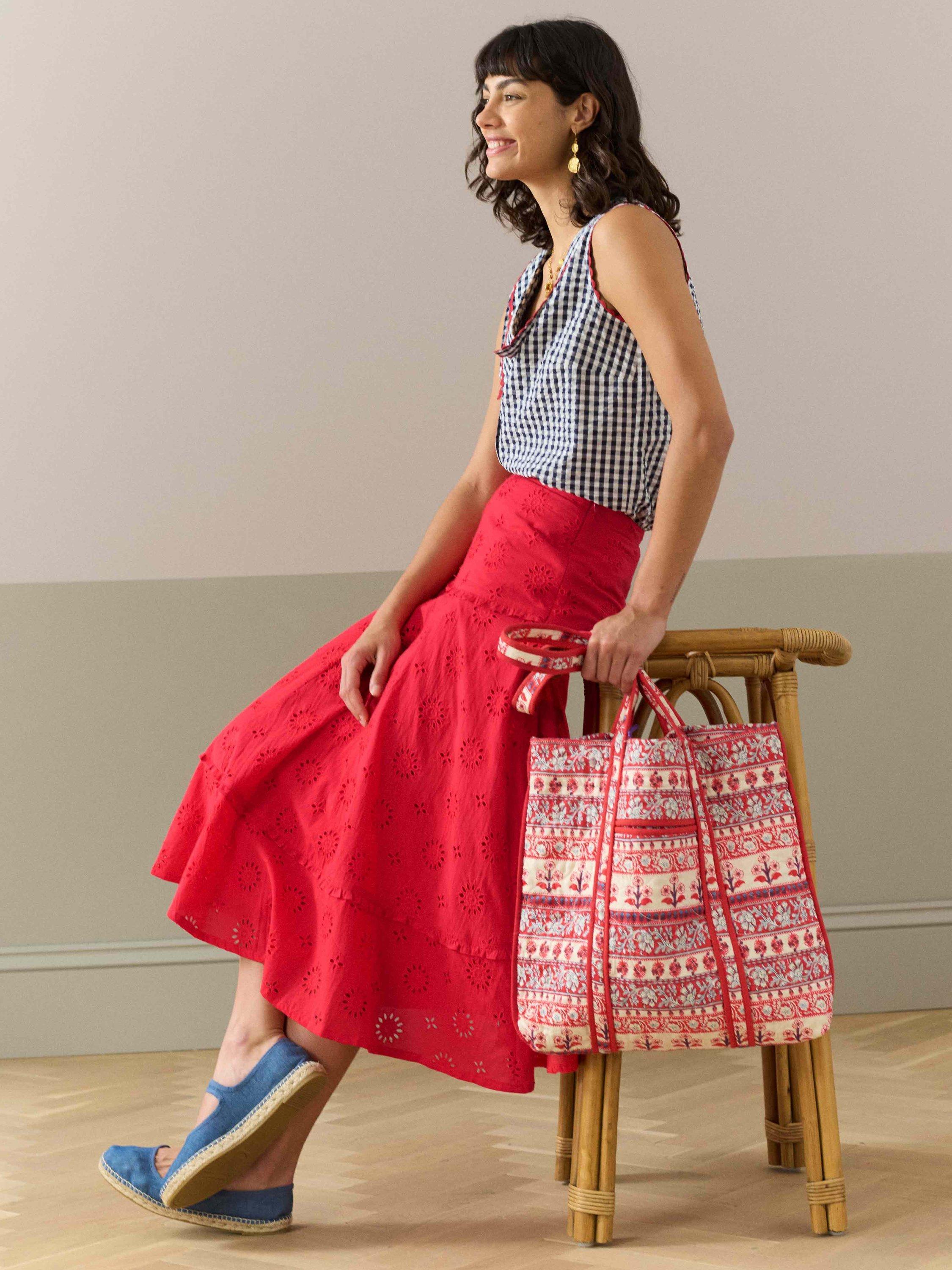 Product image 1 of 5, which shows Brora Organic Cotton Broderie Frill Midi Skirt, Mid Red, 10