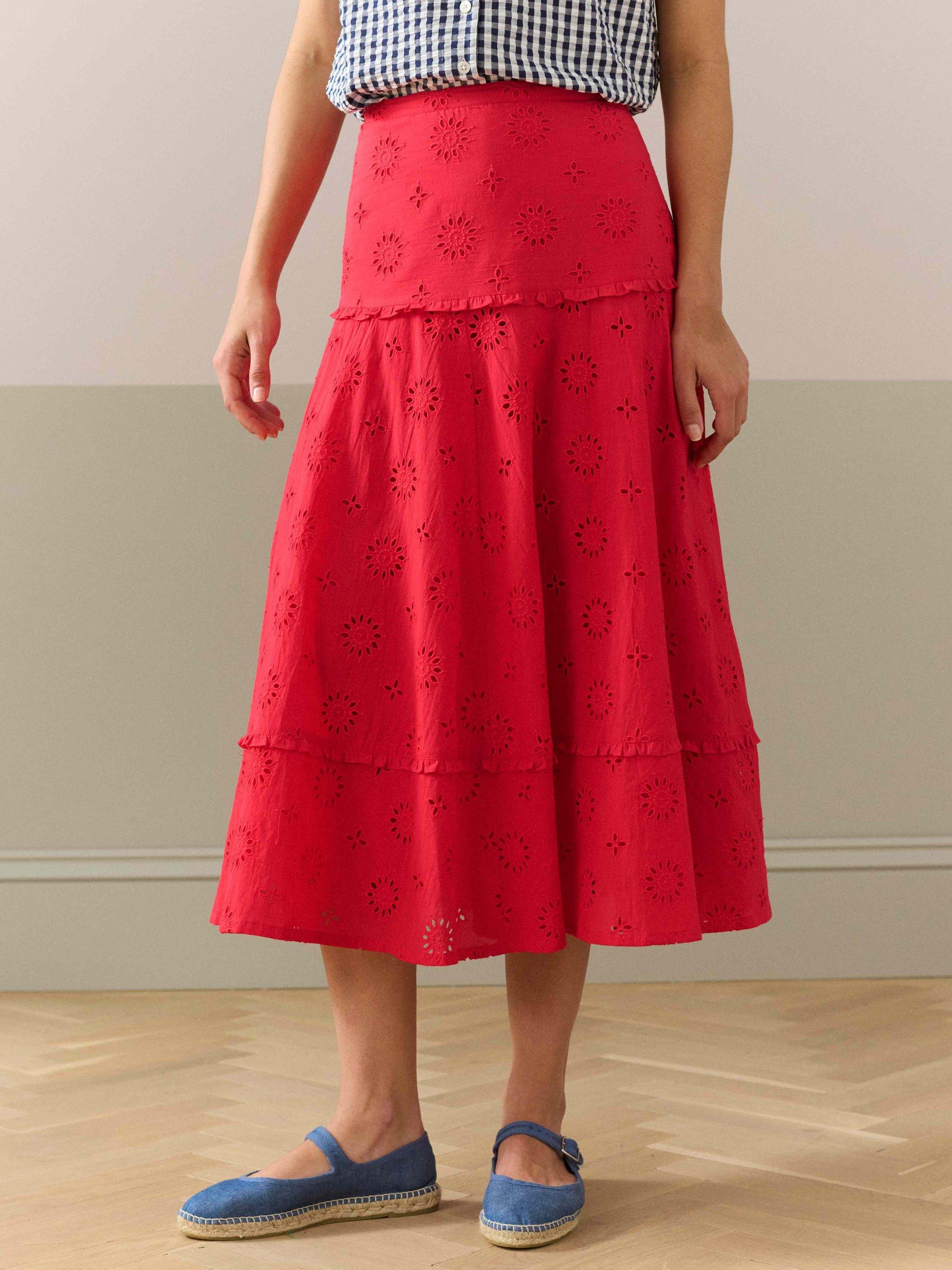 Product image 2 of 5, which shows Brora Organic Cotton Broderie Frill Midi Skirt, Mid Red, 10