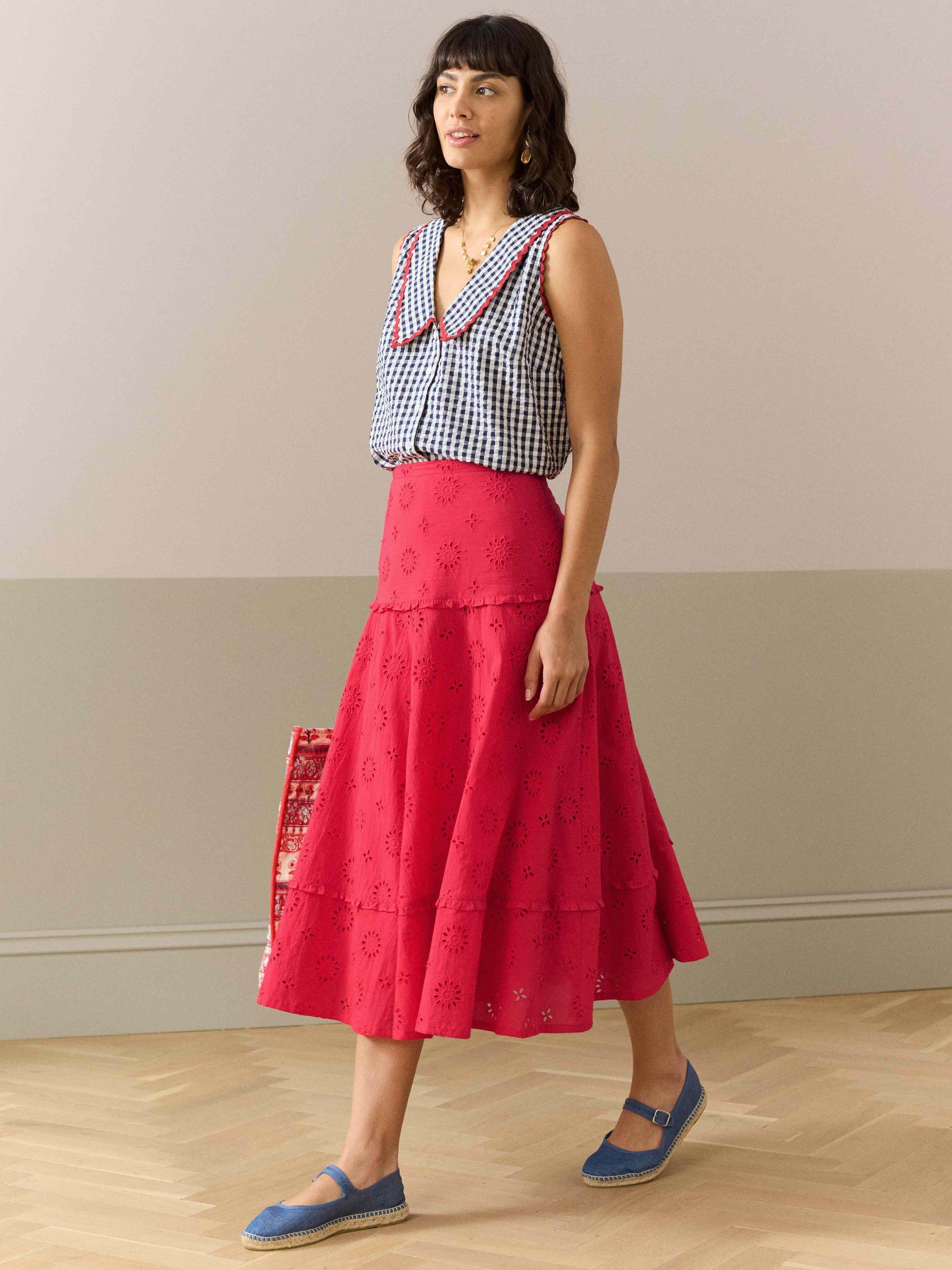 Product image 4 of 5, which shows Brora Organic Cotton Broderie Frill Midi Skirt, Mid Red, 10
