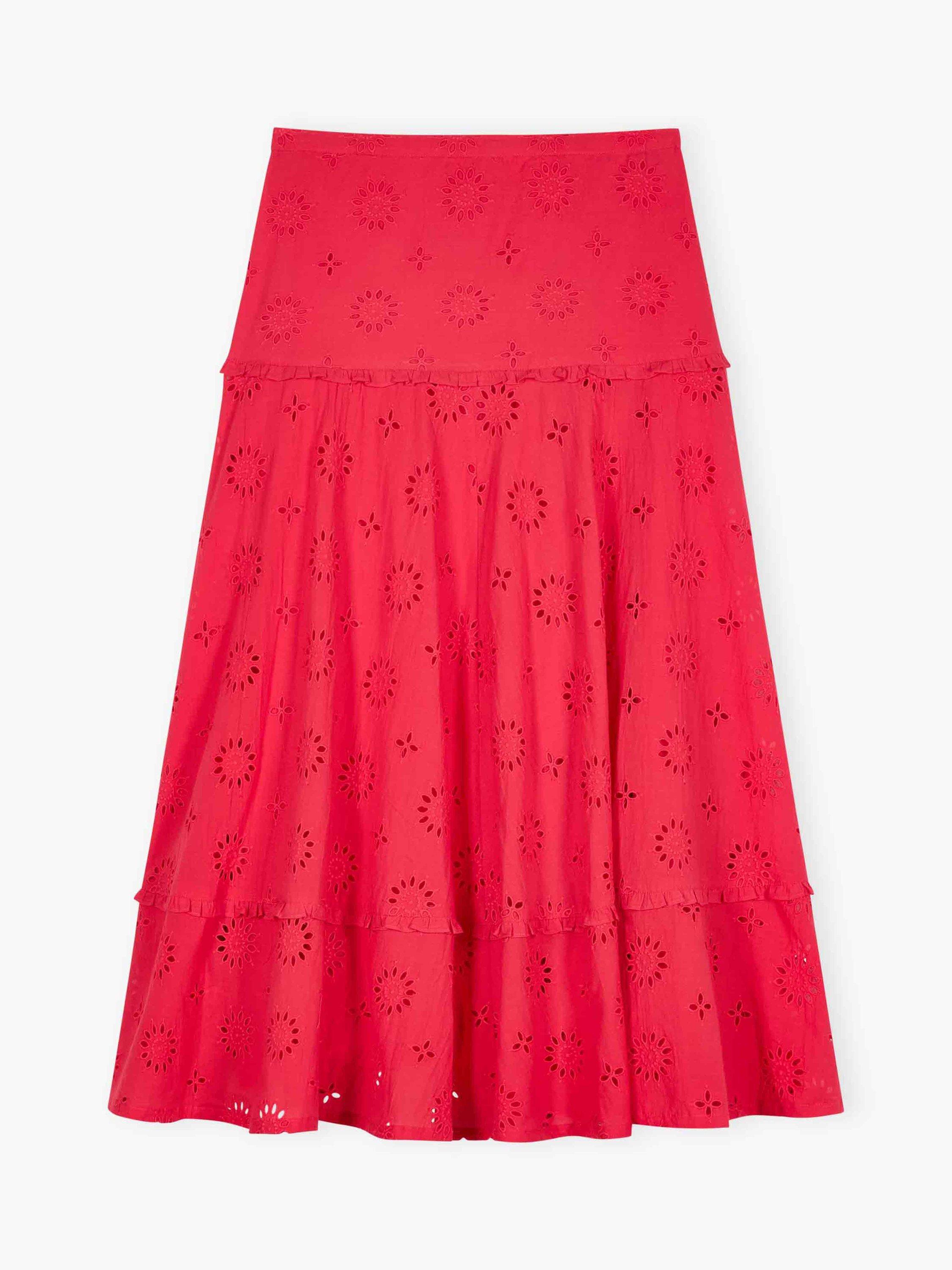 Product image 5 of 5, which shows Brora Organic Cotton Broderie Frill Midi Skirt, Mid Red, 10