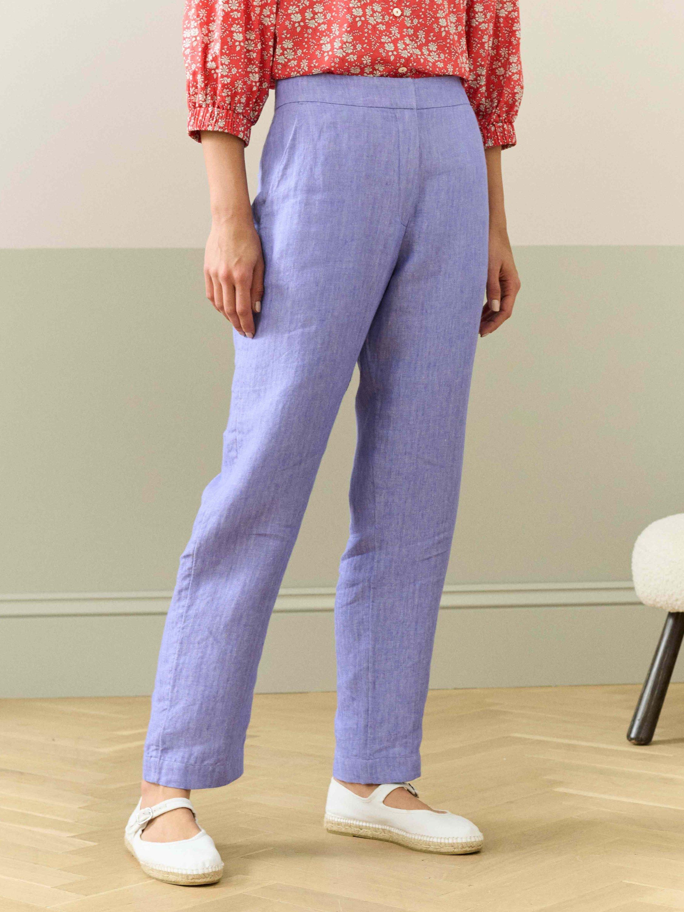 Product image 2 of 5, which shows Brora Linen Herringbone Tapered Trousers, Purple, 8