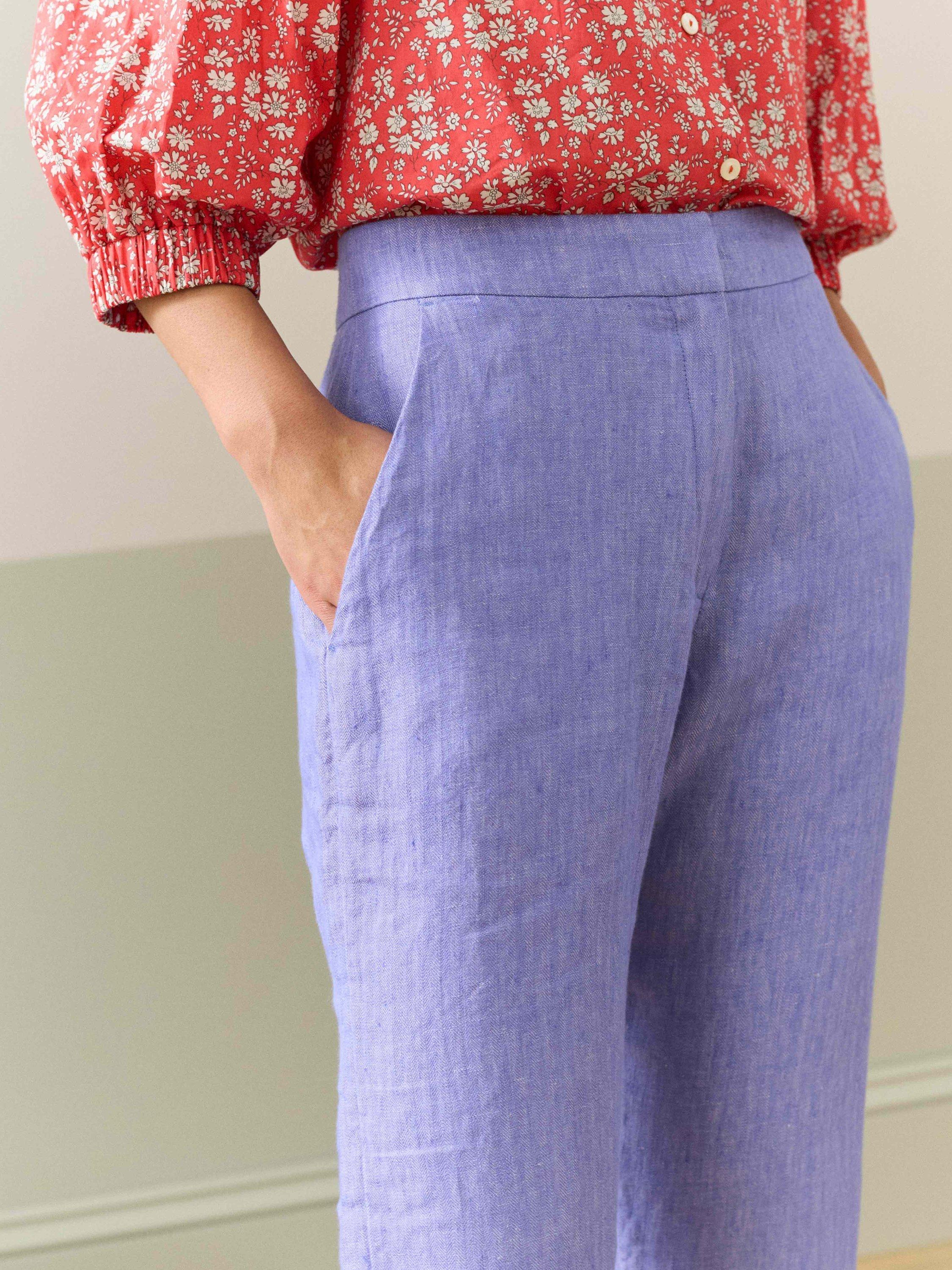 Product image 3 of 5, which shows Brora Linen Herringbone Tapered Trousers, Purple, 8