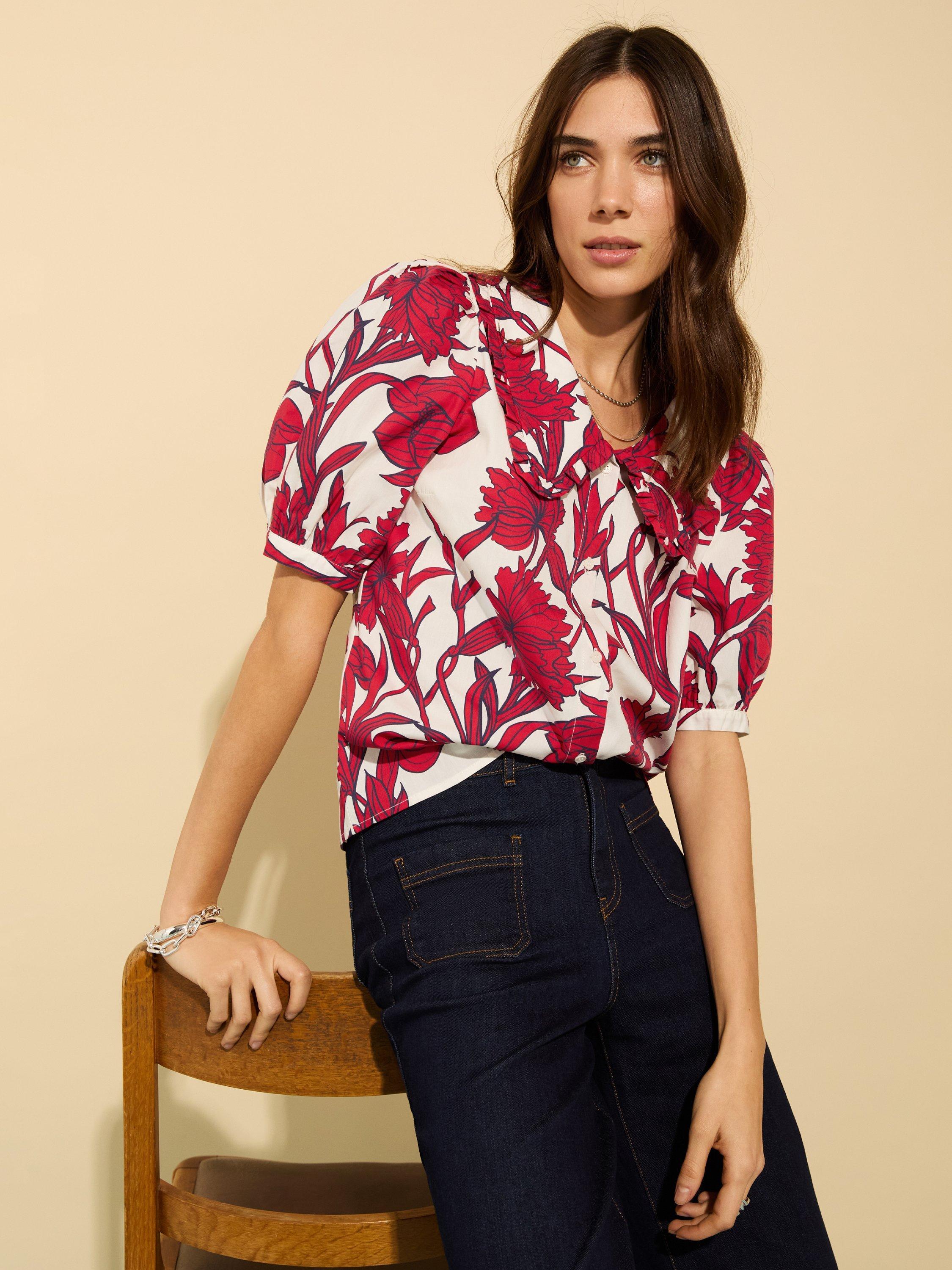 Product image 1 of 4, which shows Baukjen Rosana Floral Pure Organic Cotton Blouse, Crimson/Multi, 10