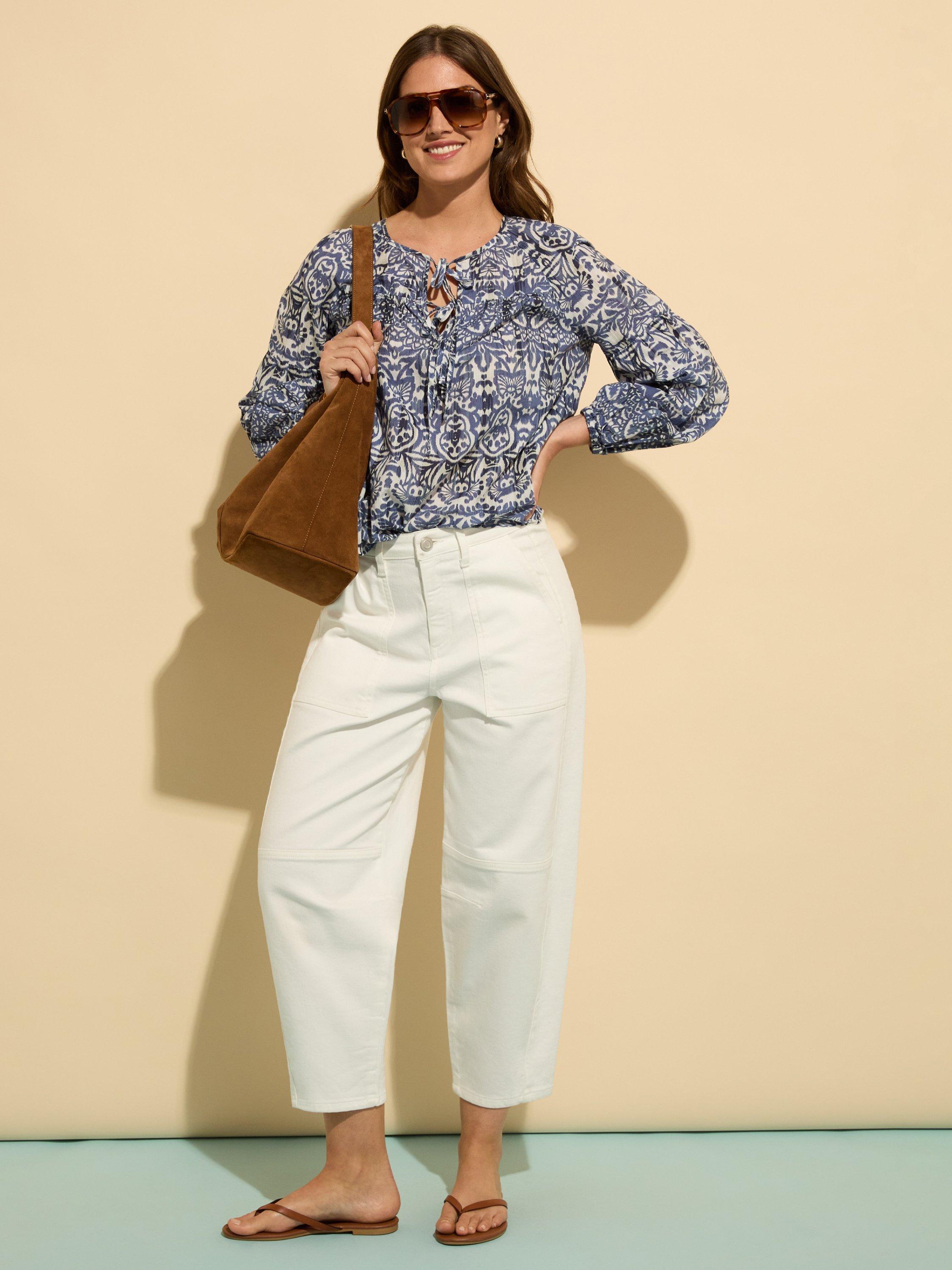 Product image 2 of 5, which shows Baukjen Stephanie Tie Neck Cotton Blouse, Blue/Multi, 10