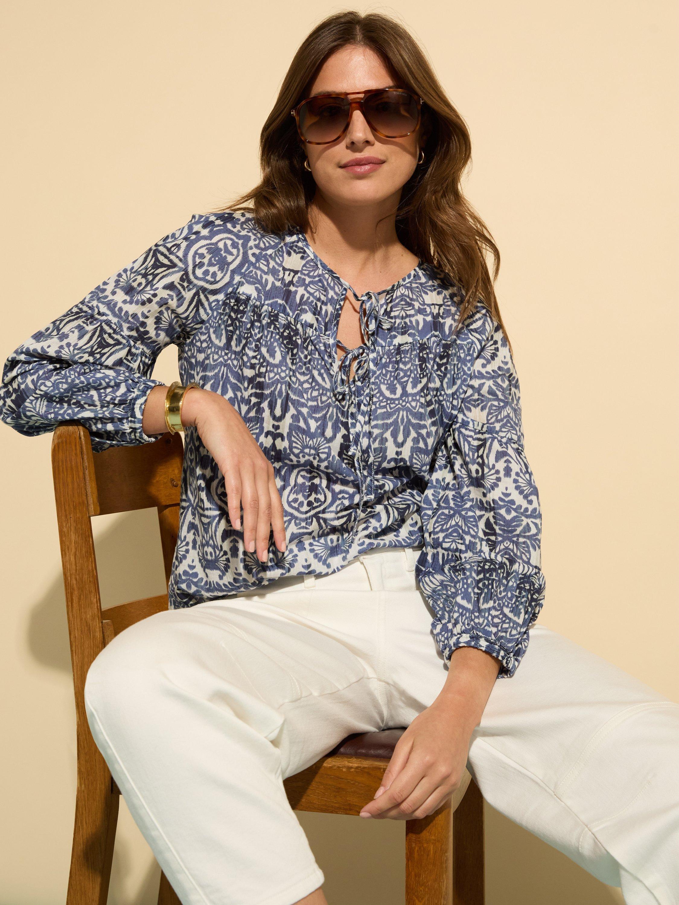 Product image 3 of 5, which shows Baukjen Stephanie Tie Neck Cotton Blouse, Blue/Multi, 10