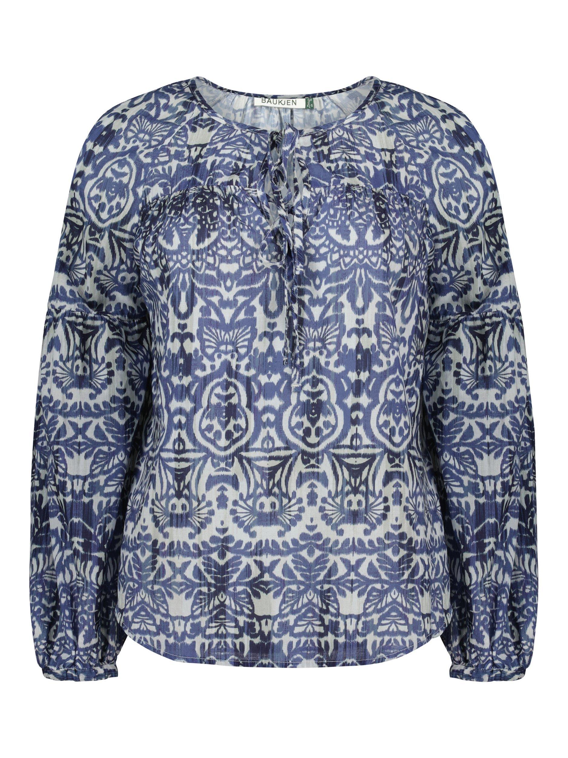 Product image 4 of 5, which shows Baukjen Stephanie Tie Neck Cotton Blouse, Blue/Multi, 10