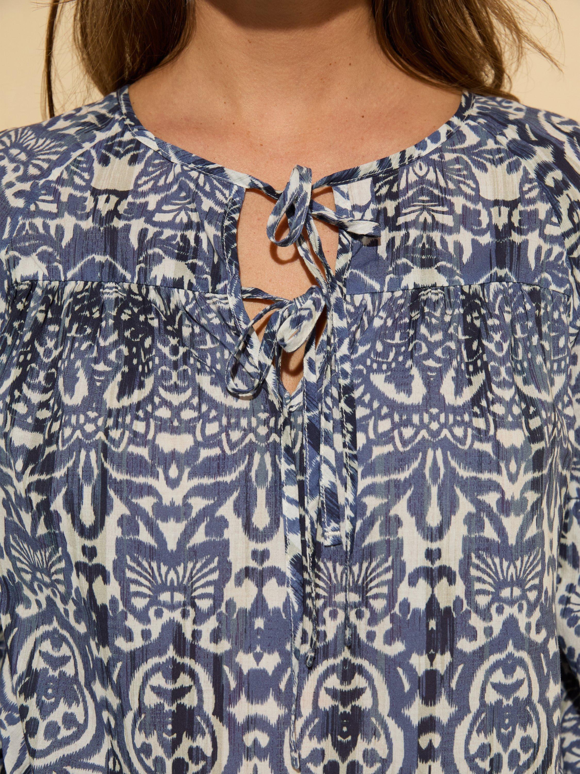 Product image 5 of 5, which shows Baukjen Stephanie Tie Neck Cotton Blouse, Blue/Multi, 10