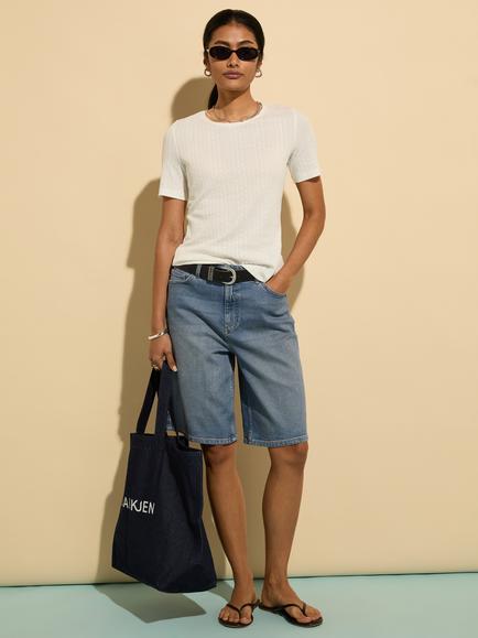 Baukjen Britney Organic Cotton Bermuda Denim Shorts, Light Indigo