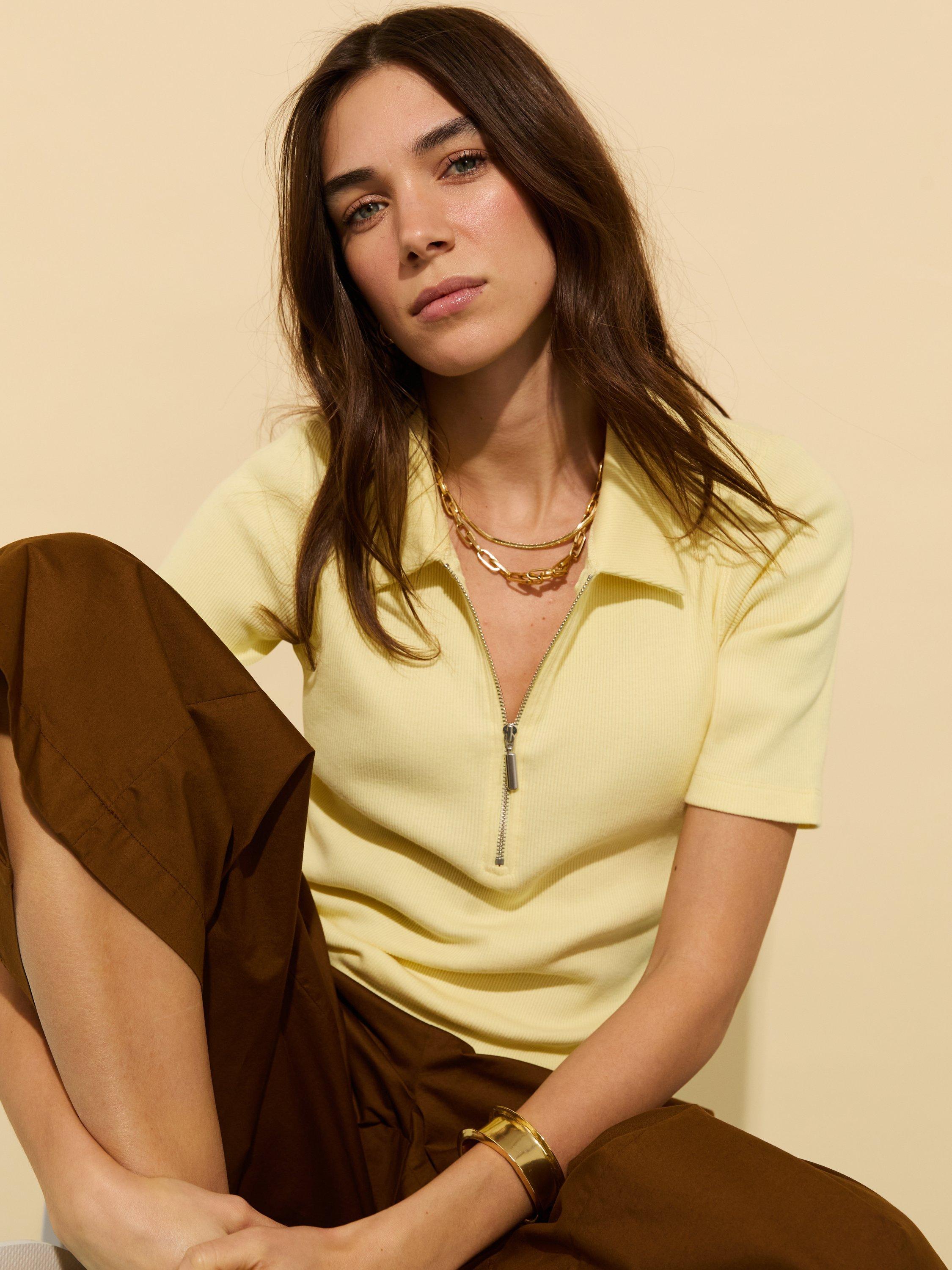 Product image 1 of 4, which shows Baukjen Ivy Pure Organic Cotton Zip Collar Top, Butter yellow, 6