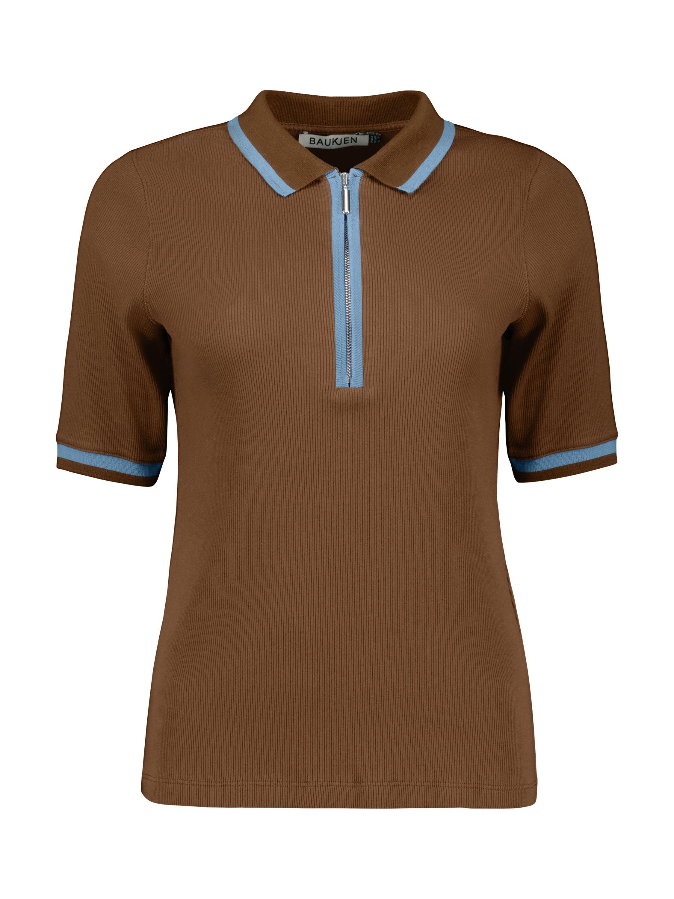 Product image 4 of 5, which shows Baukjen Naomi Organic Cotton Rib Zip Collar Top, Chocolate/Fresh Blue, 10