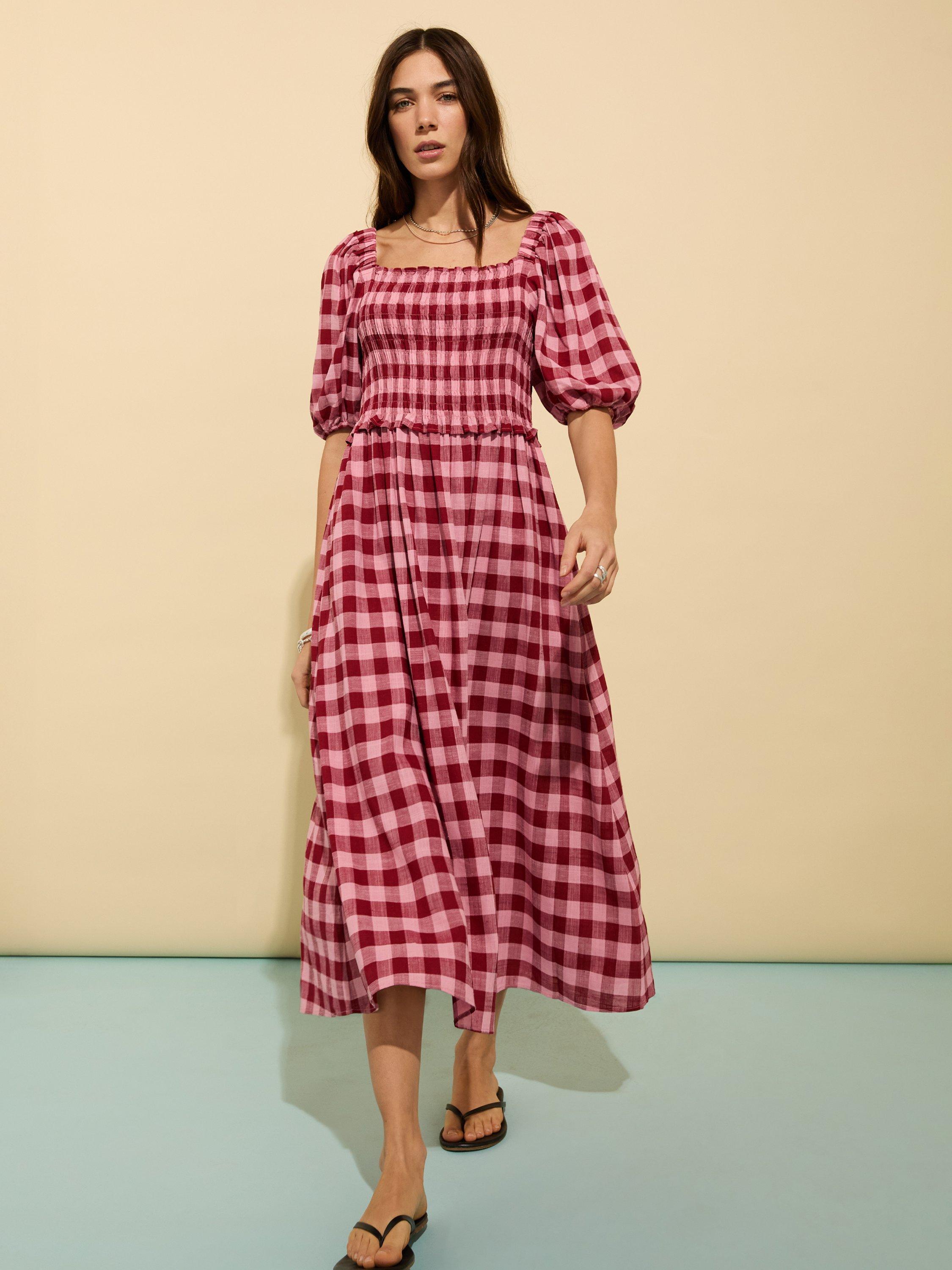 Product image 1 of 4, which shows Baukjen Davina Gingham Square Neck Puff Sleeve Midi Dress, Pink/Burgundy, 10