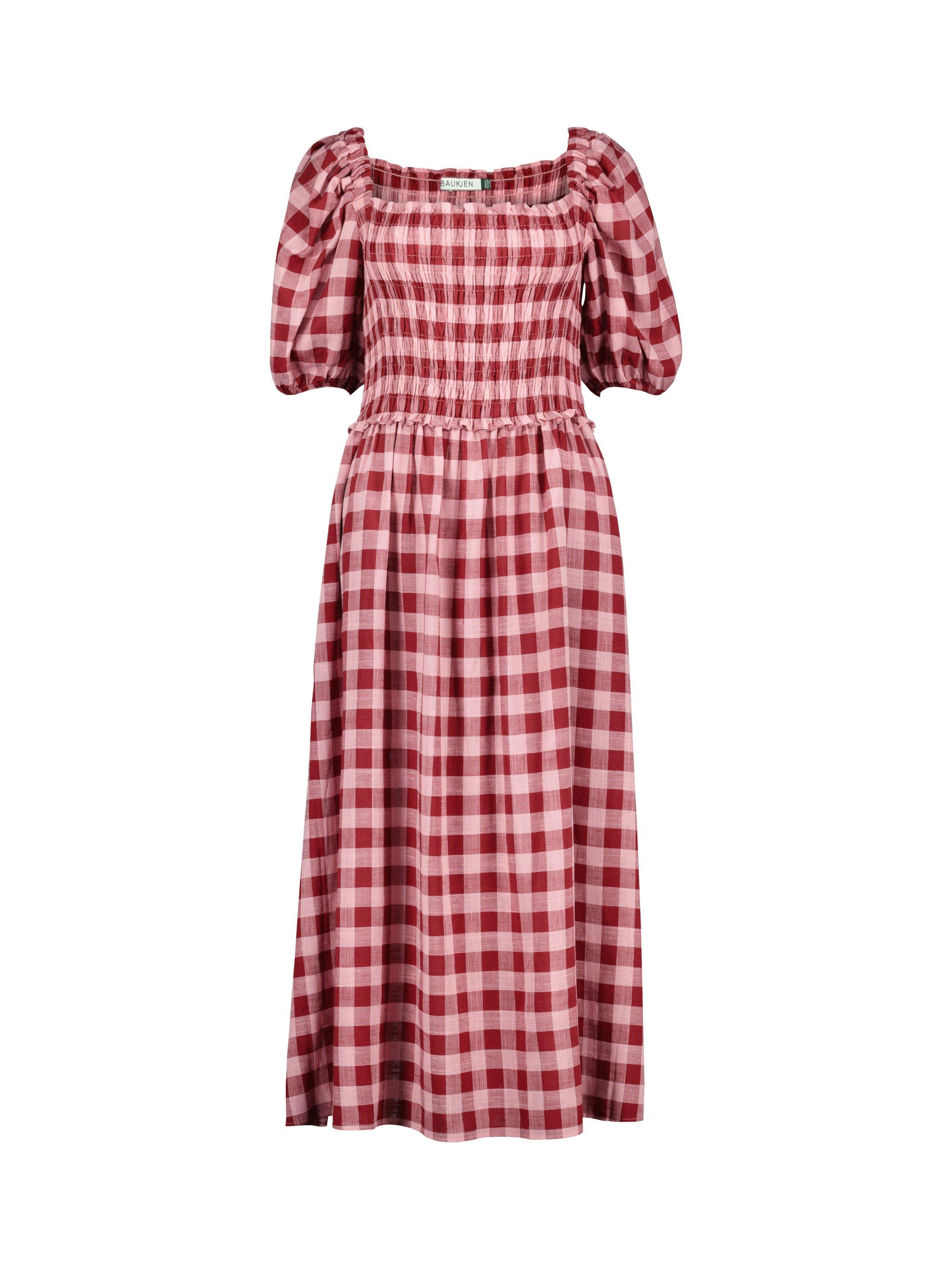 Product image 4 of 4, which shows Baukjen Davina Gingham Square Neck Puff Sleeve Midi Dress, Pink/Burgundy, 10
