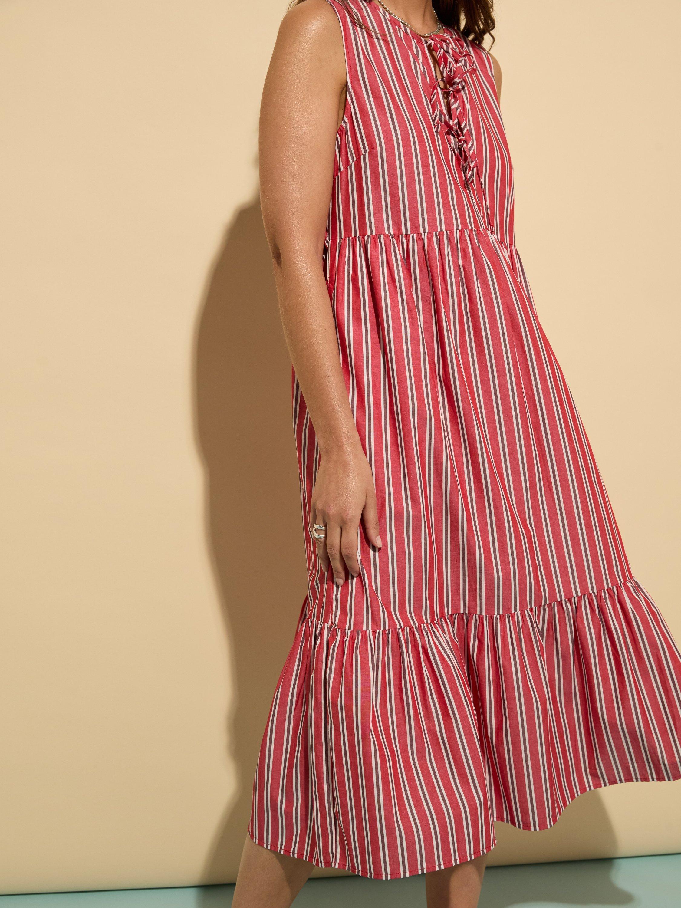 Product image 2 of 5, which shows Baukjen Devi Stripe Pure Organic Cotton Midi Dress, Crimson/Multi, 10