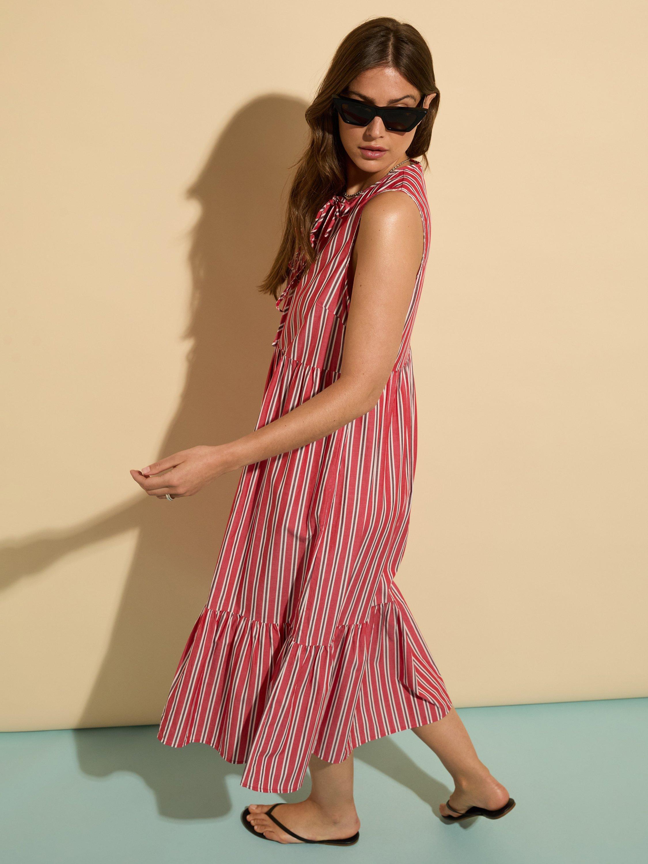Product image 5 of 5, which shows Baukjen Devi Stripe Pure Organic Cotton Midi Dress, Crimson/Multi, 10